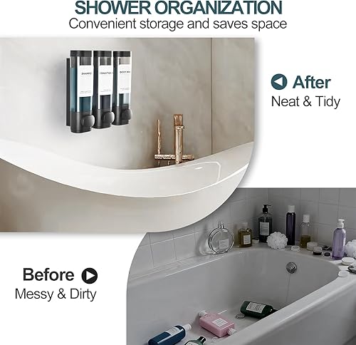 Miniatura 6 de Paquete de 3 dispensadores de champú y acondicionador, dispensador de jabón de ducha, 3 cámaras, sin taladro, para montaje en pared, juego de