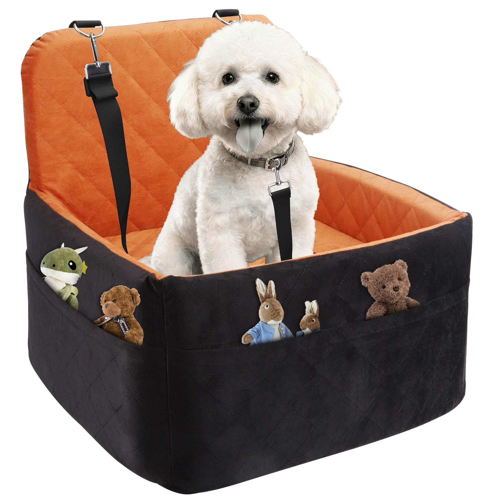 Dog Car Seat for Small/Medium Dogs,Pet Dog Booster Car Seat Puppy 15-35 lbs with Soft 4+2in Detachable Pads Detachable Elevated Cushion and Washable Cover Brown