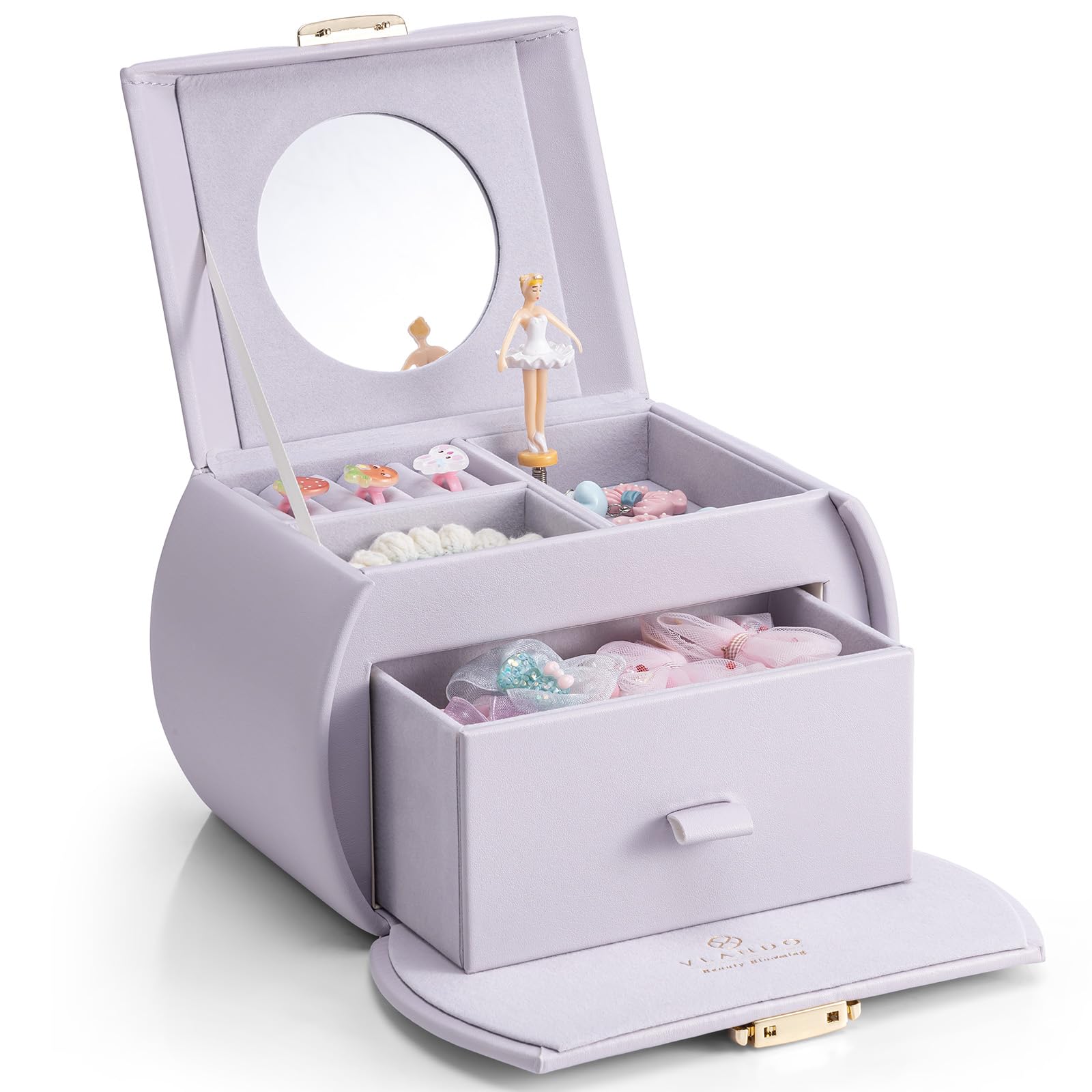 VLANDO Spieluhr Ballerina Schmuckkästchen, Abschließbares Schmuckschatulle Mädchen PU Leder mit Schubladen, Schmuckkästchen Kinder, Schmuckbox mit Kanon Melodie, Mädchen Geschenke 6 7 8 Jahre