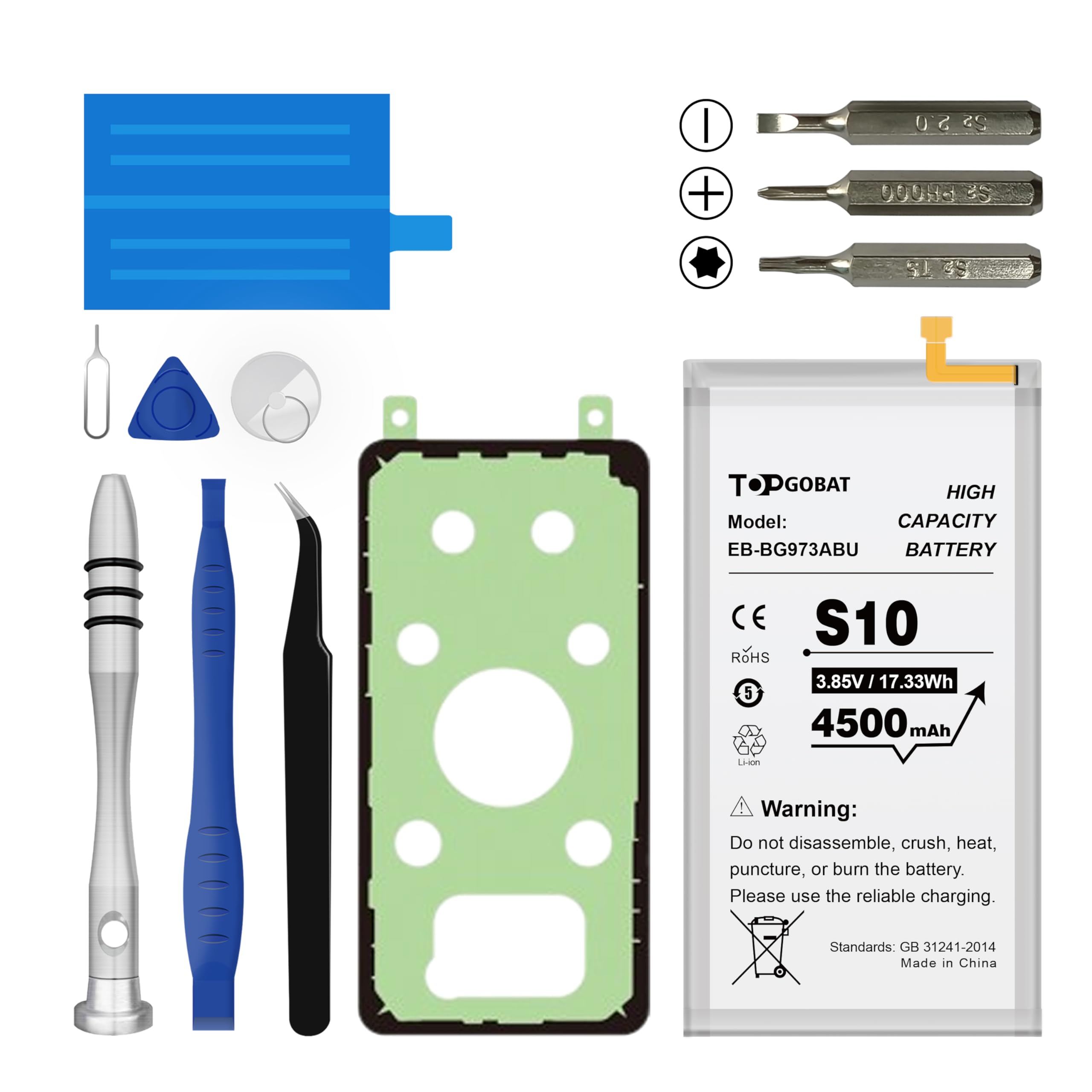 TOPGOBAT Replacement for Samsung Galaxy S10 Battery, 4500 mAh High Capacity Compatible with Samsung Galaxy S10 Model (SM-G973F/U/W/X/N, SM-G973U1, SM-G9730, SCV41, SM-G973C) with Tool Kits,