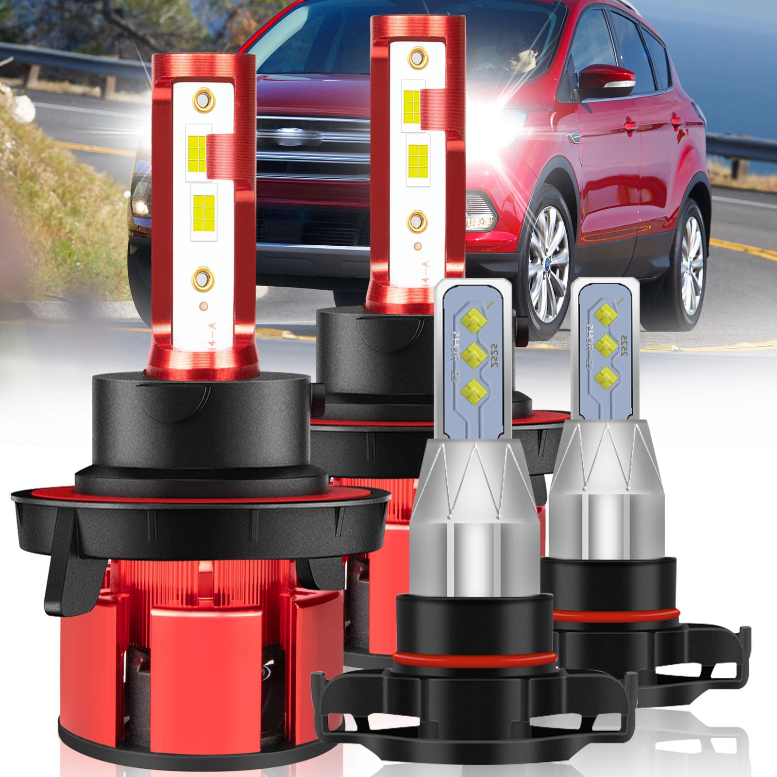 LTZXAP Fit for Ford Escape 2008 2009 2010 2011 2012 Light Bulbs, 800% Brightness Hi and Lo Beam+Fog Light Bulbs, Superfocused Beam Mode, 6500K, 36000LM Super Bright,1:1 Size, 4PCS