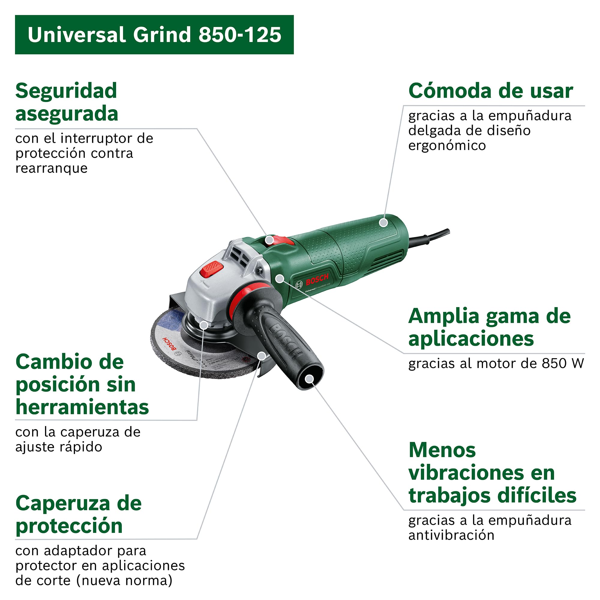 Bosch Amoladora angular con cable UniversalGrind 850-125 (para cortar y amolar diversos materiales: 850 W; 125 mm diám.)