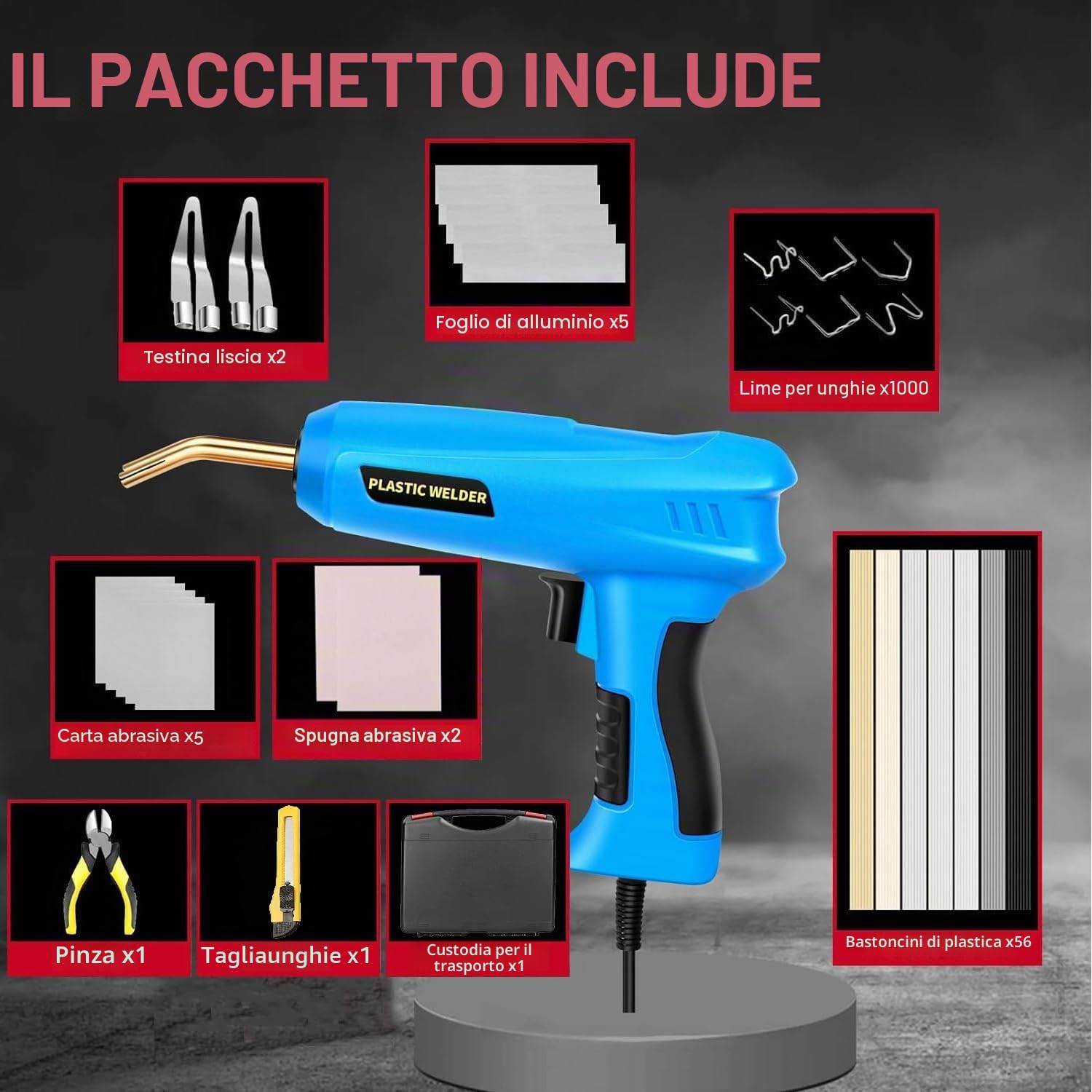 200W Saldatrice per Plastica,2 in 1 Kit di Riparazione Paraurti Auto con 1000pcs Graffette e 56 Bacchette di Saldatura,per Auto Paraurti/Auto Ricambi/Riparare Plastiche