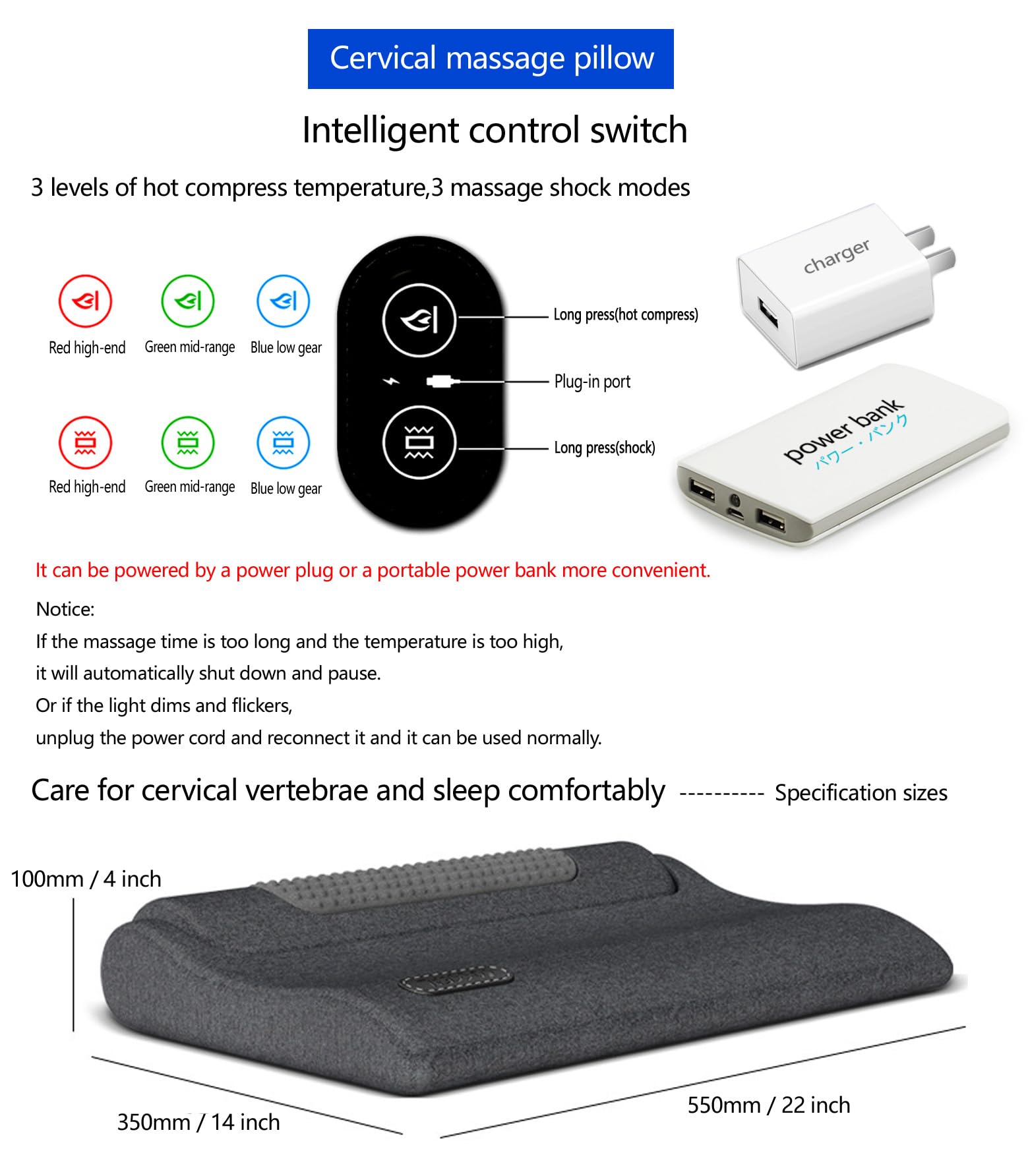 Almohada de Masaje Cervical con función de compresión Caliente vibratoria para Mejorar el sueño, Almohada cómoda de Espuma viscoelástica Suave y Resistente con Antifaz para los Ojos