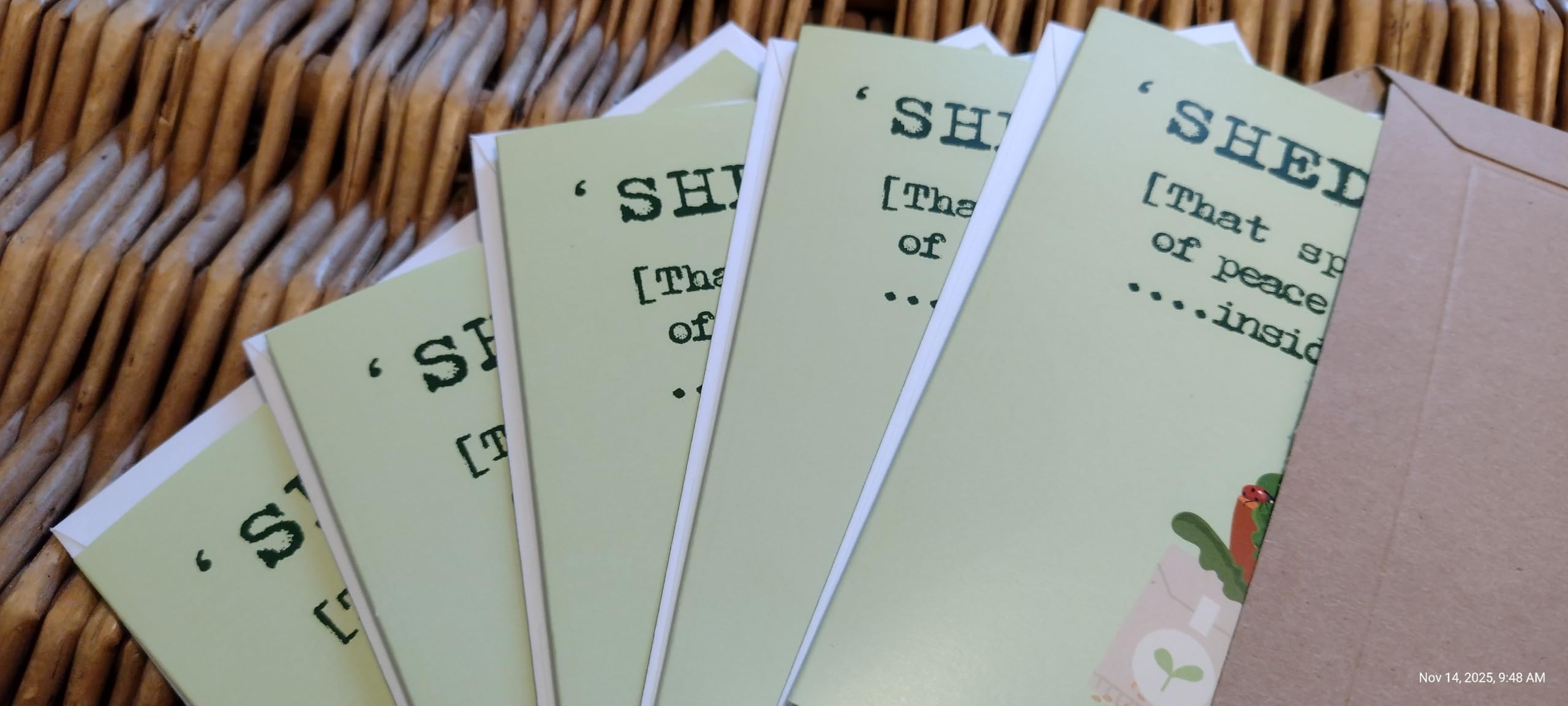 Note Card Pack of 5. Caption Reads: 'Sheditation, that splendid feeling of peace & calm you get..inside the garden shed'. Colour: Spring Green. 300gsm Card. - Image 2