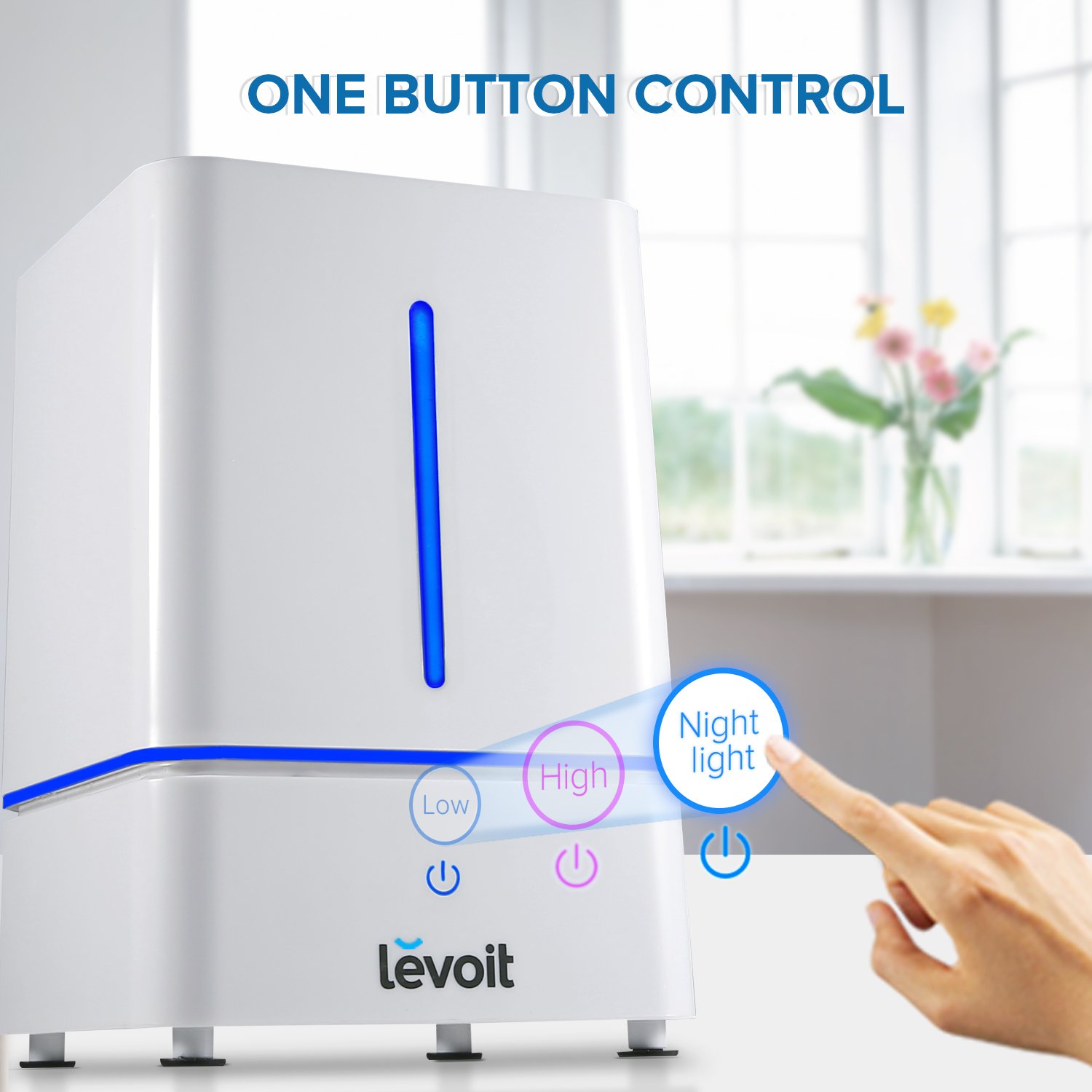 Hand pressing the one-button control panel of the humidifier, showing options for Low, High mist, and Night light