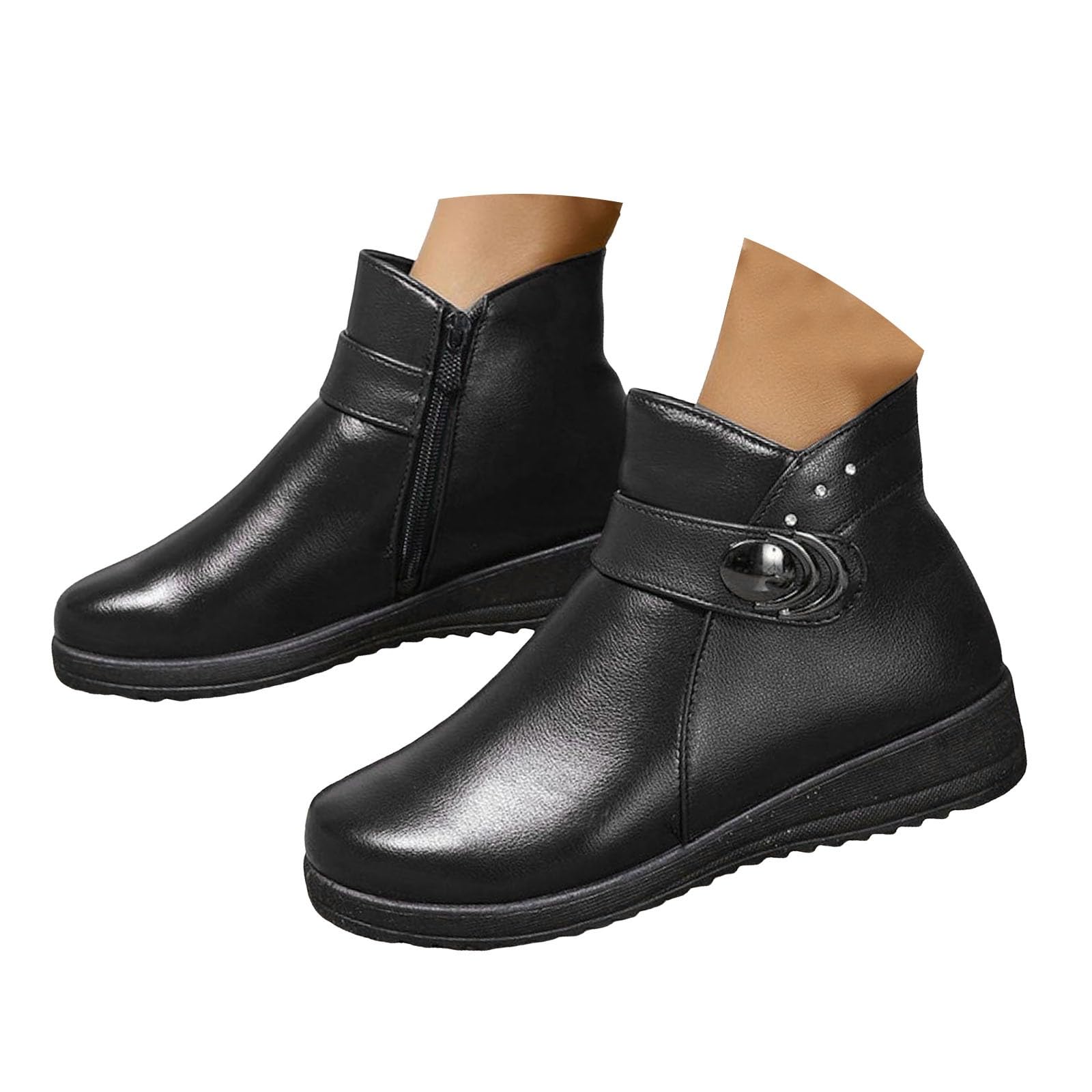 ZSpzx Women Wedge Ankle Boots Leather Rhinestone Buckle Straps Chunky Heels Round Toe Side Zipper Retro Solid Slip