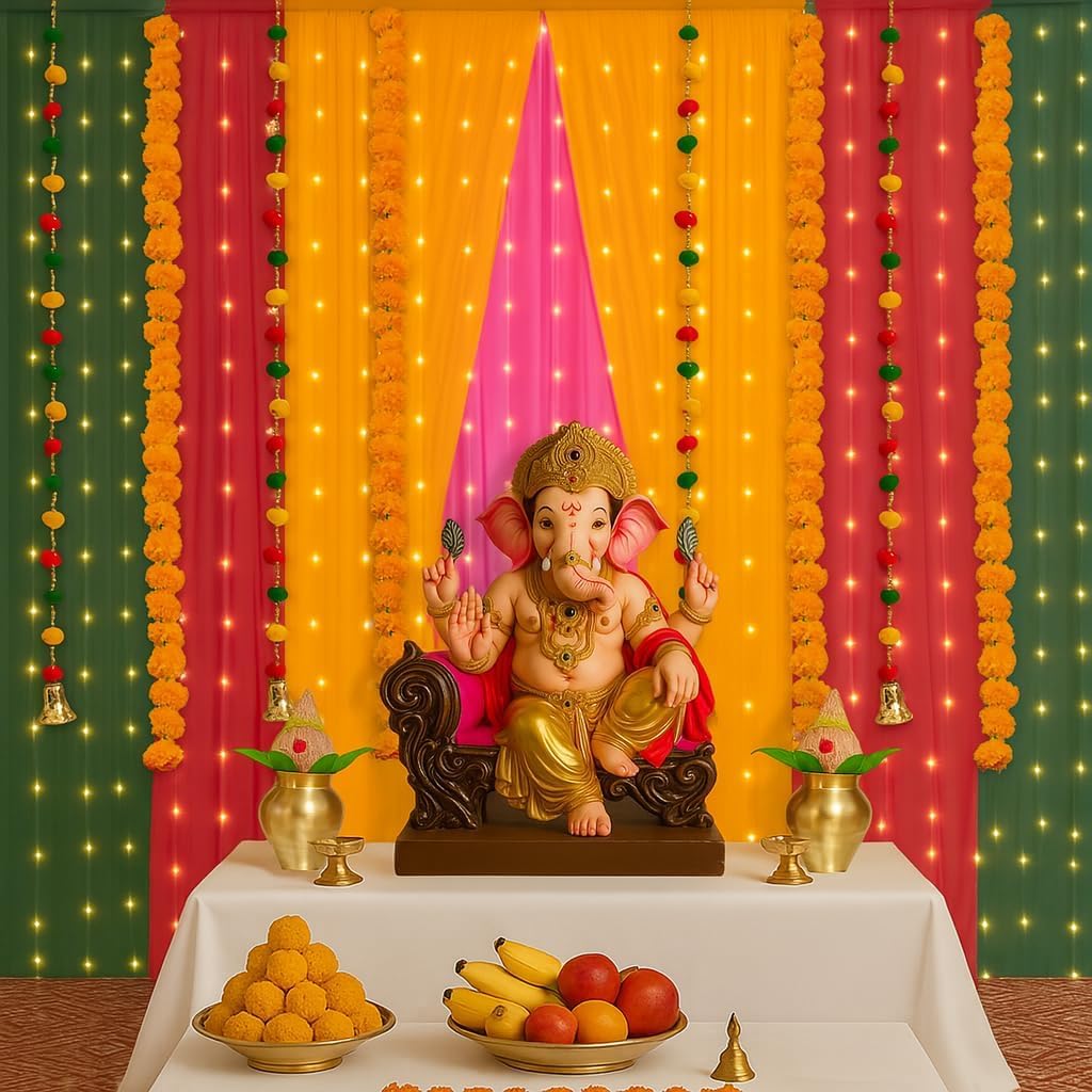 party propz multicolor backdrop for ganpati decoration setup for home -17pcs, backdrop cloth for decoration pooja, varalakshmi backdrop, backdrop for janmashtami decorations, hanging decorations items