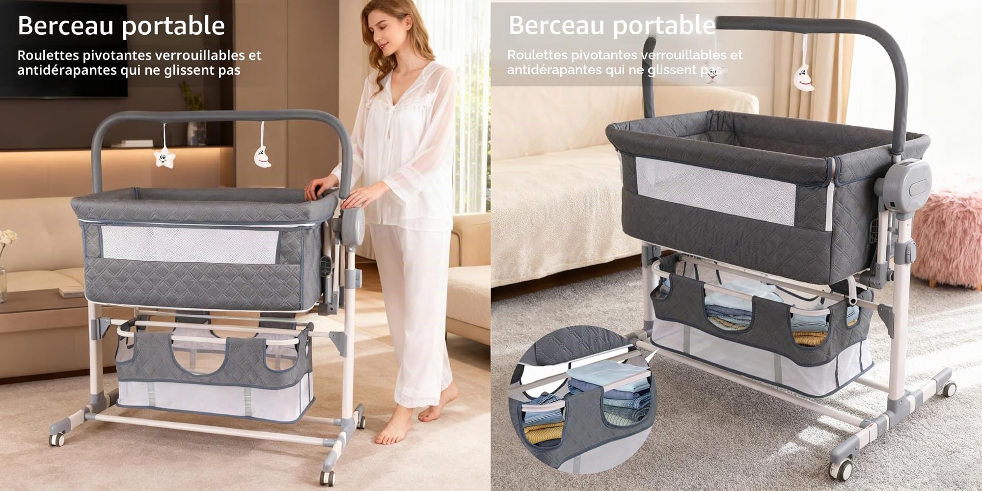 MoLi Électrique Bluetooth Intelligent Lit Cododo Bebe, Convertible Cododo Berceau Bébé Co-Sommeil, Pliable Lit Bebe avec Matelas, Musique et 5 Vitesses Balancement, Télécommande (608 Black)