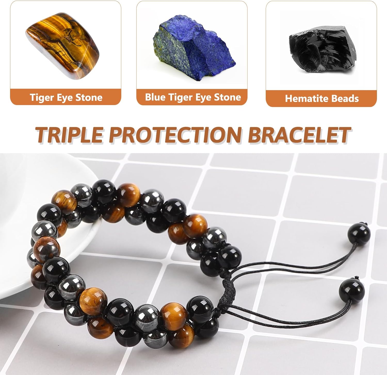 Tiger Eye Bracelet, MIDON Triple Protection Bracelet for Men Women, Handmade Tiger Eye Beads Hematite and Black Obsidian Natural Stone Healing Energy Crystal Bracelets - Image 3