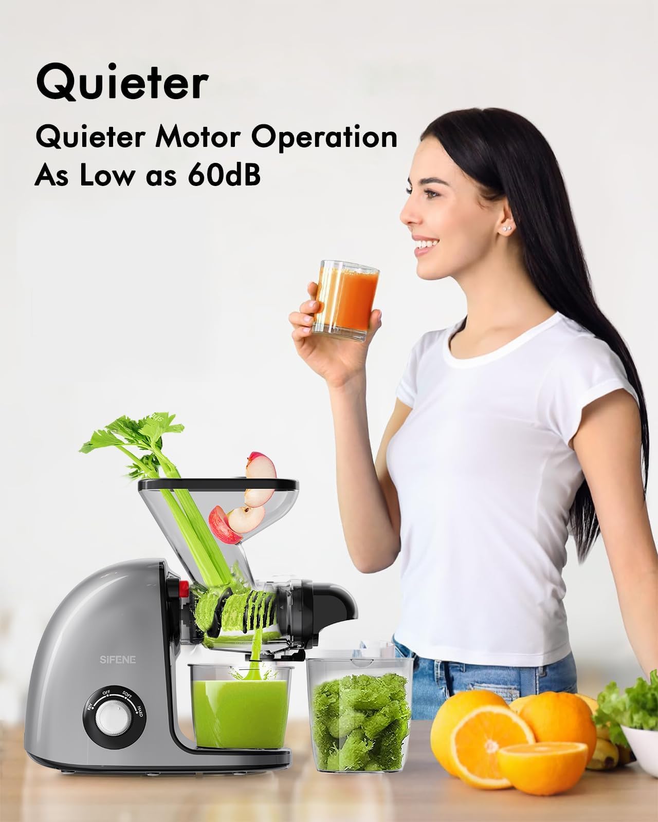 SIFENE Cold Press Juicer Machine, Compact Slow Masticating Juicer With Dual Feed Chute, Easy To Clean Fruit And Vegetable Extractor With Retro Toggle Switch, Quiet DC Motor For Small Kitchen, Grey