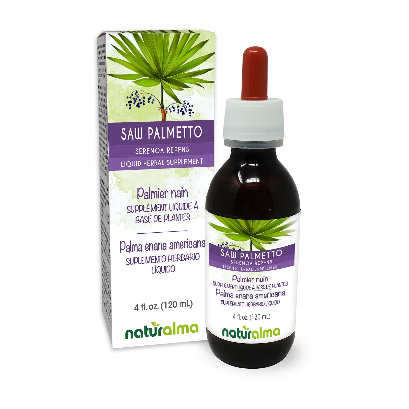Naturalma Saw Palmetto (Serenoa repens or Sabal serrulata) Fruit Alcohol-Free Tincture - 4 fl oz Liquid Extract in Drops - Herbal Supplement - Vegan 4 Fl Oz (Pack of 1)