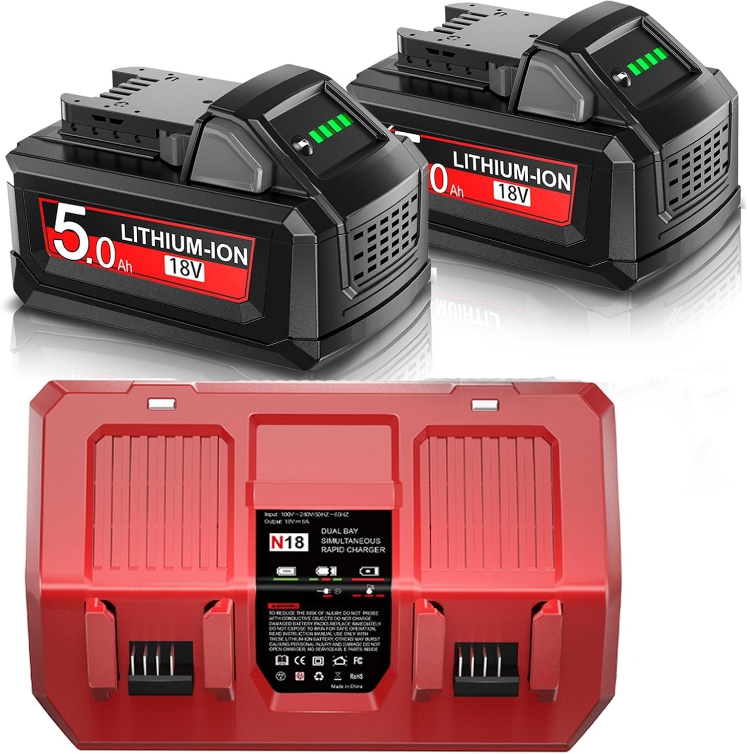 Lot de 2 batteries de rechange 18 V 5,0 Ah/5000 mAh pour chargeur Milwaukee et DC18RC compatibles avec M18B 48-11-1840 48-11-1850 48-11-1828 48-11-1815 48-11-1820 48-11-1820 11-18 22 48-59-1812 48-59