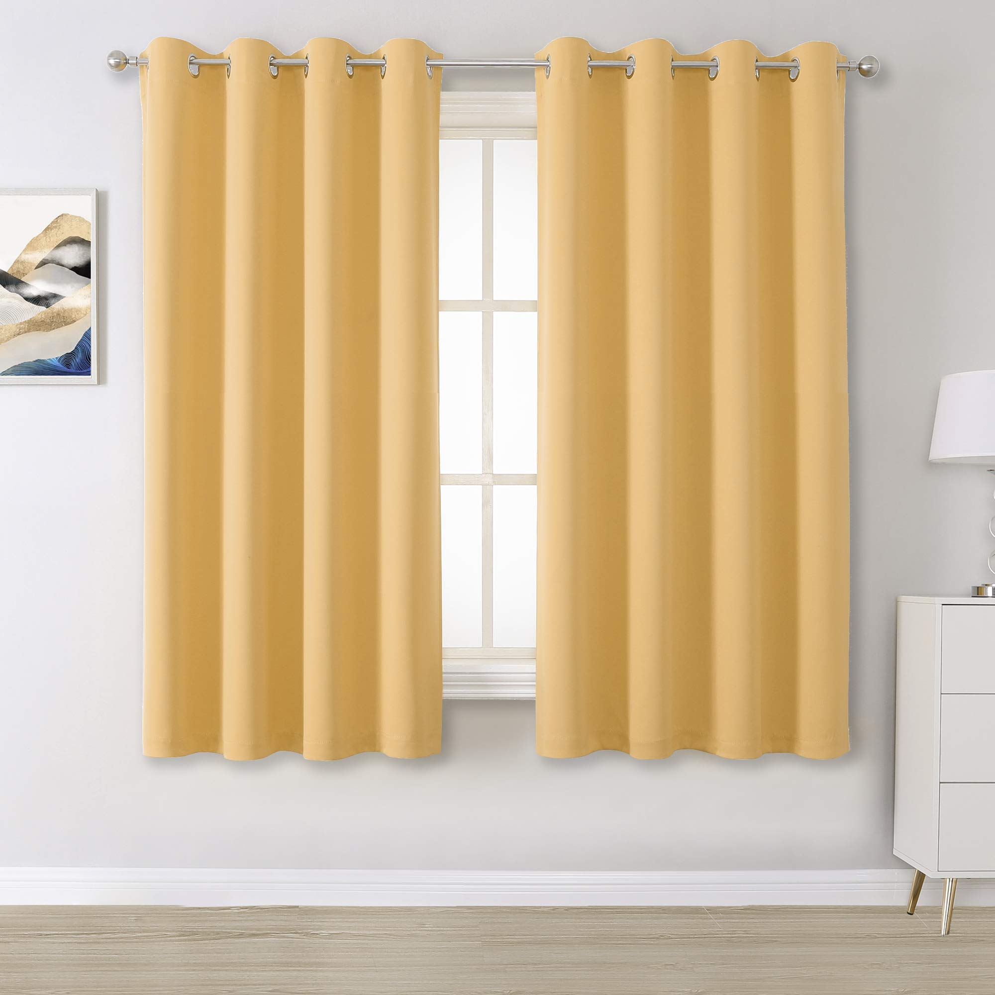 DUALIFE Yellow Solid Blackout Curtains for Bedroom 54 Inches Long Short Room Darkening Window Drapes Thermal Insulated Curtain Panels with Grommet 52W x 54L,2 Panels,Desert Mist