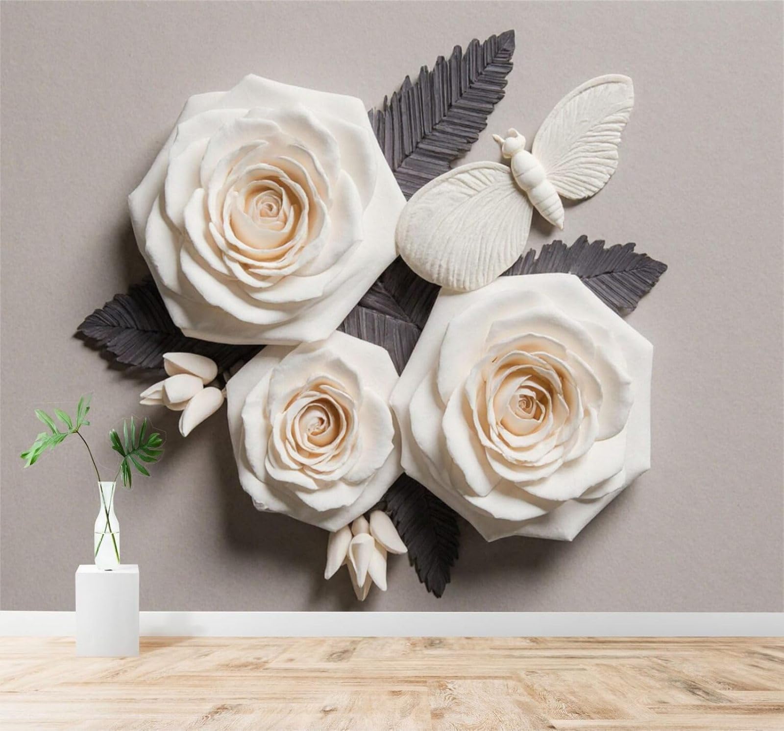 XLMING Minimalist Three Dimensional White Rose Butterfly Grey Leaves 3D Wallpaper Silky Texture Home Study Office Grey Dining Room Sofa Bedroom Living Room TV Backdrop-150cm×105cm
