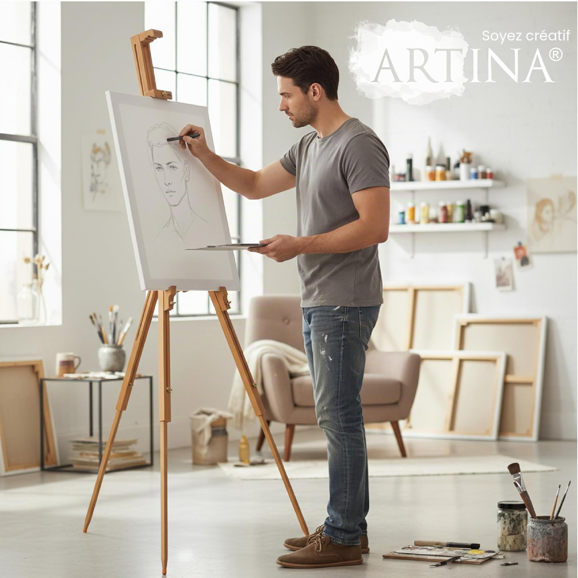 Artina chevalet en bois hêtre pour toiles jusqu'à 100cm pliable