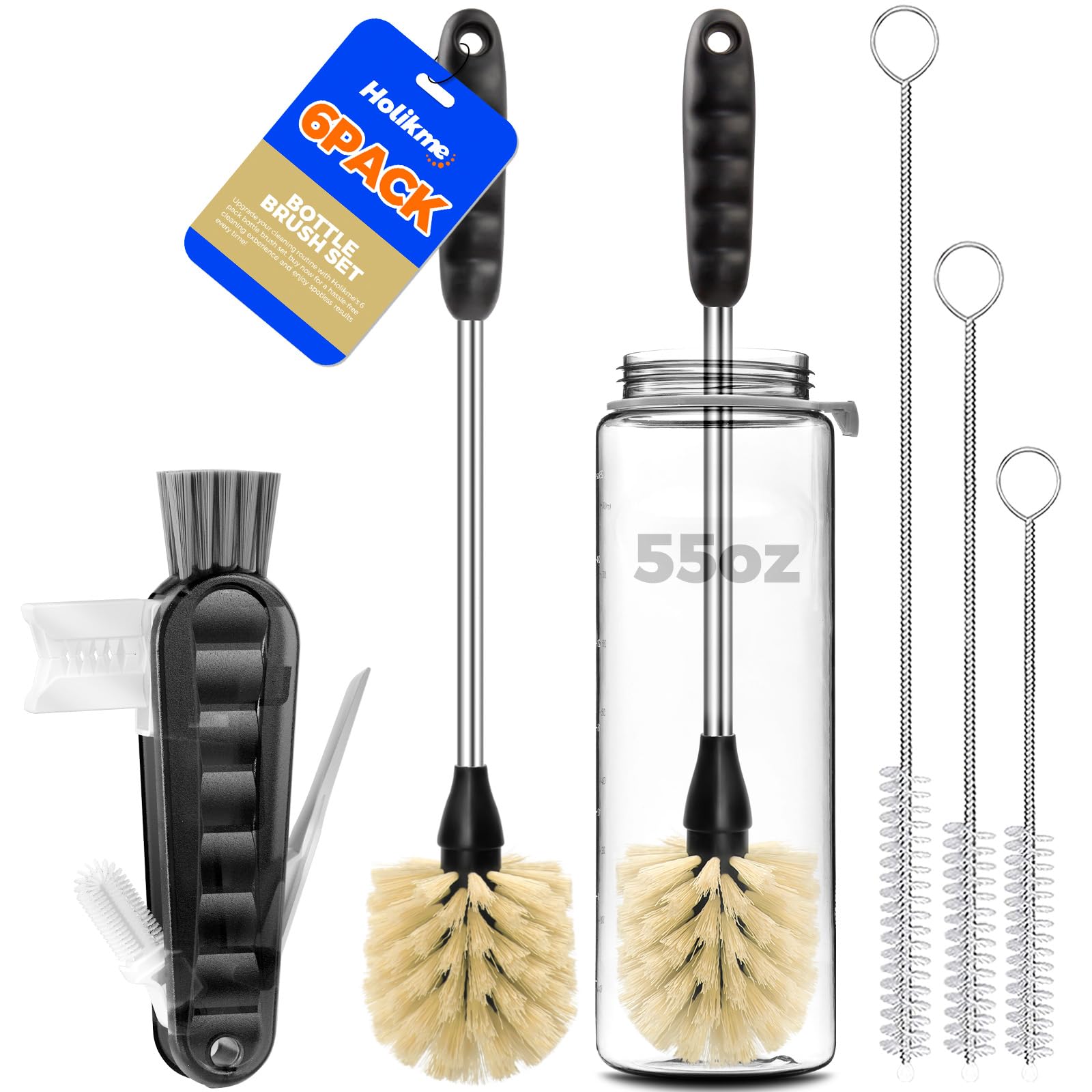 Holikme 6 Pack Bottle Brush 14" Stainless Steel Straw Cleaner Brush,Yellow