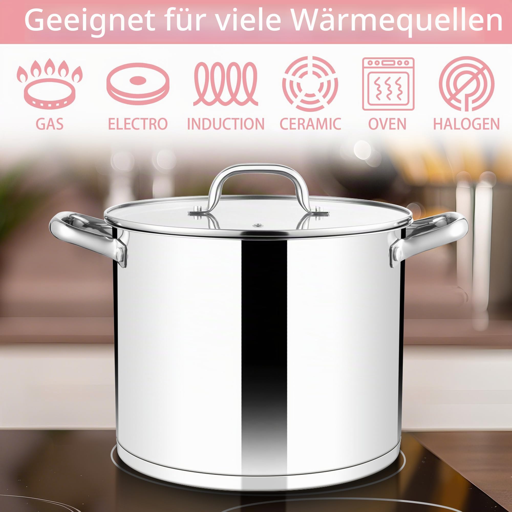 Herogo Suppentopf, 10 l, Suppentopf aus Edelstahl mit transparentem sichtbarem Deckel, 24 cm Induktions-Suppentopf für Suppe, dreilagiger Boden für alle Herde, großes Fassungsvermögen zum Schmoren