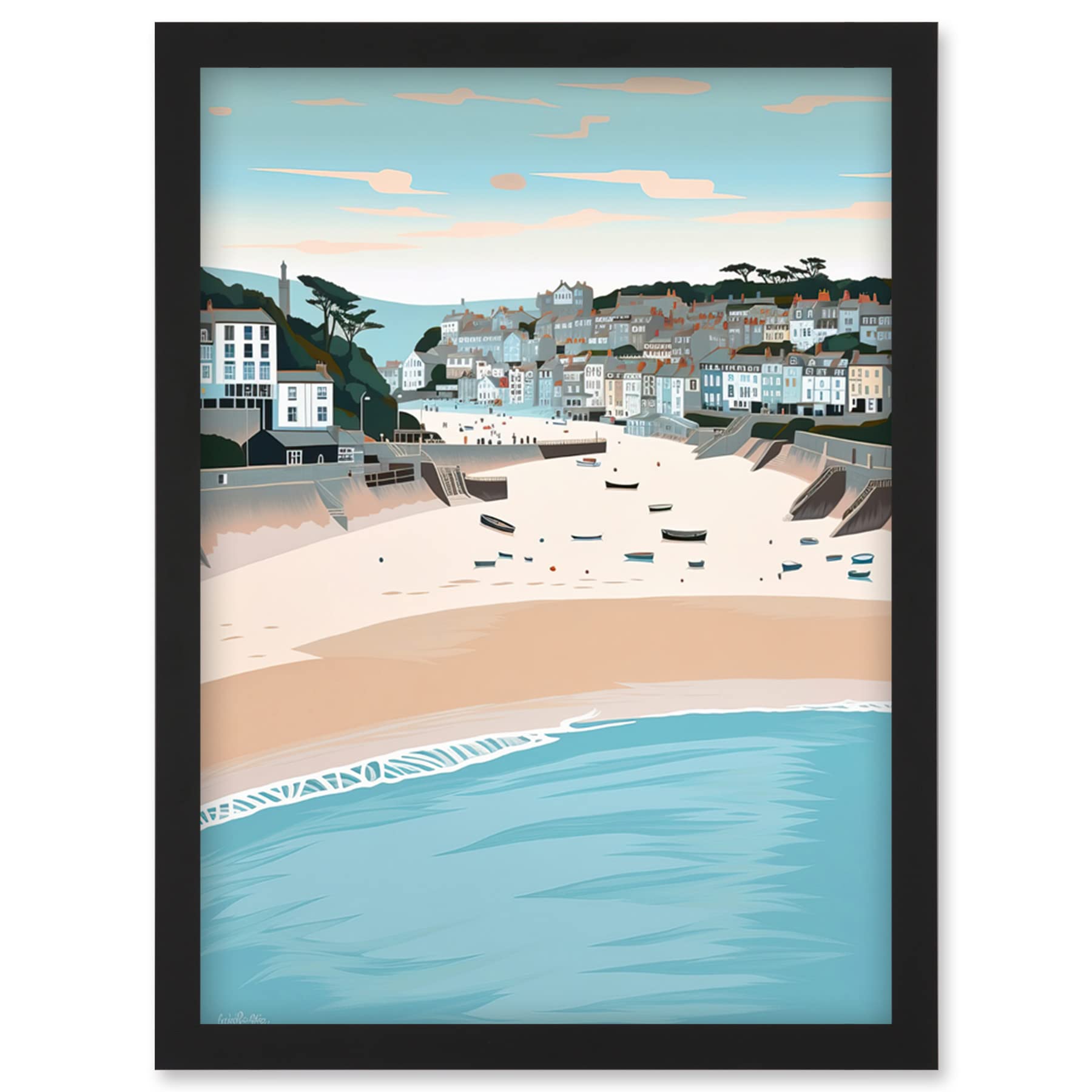 Artery8 St Ives Bay Summer Pastel Colour Coastal Cityscape Artwork Framed Wall Art Print A4