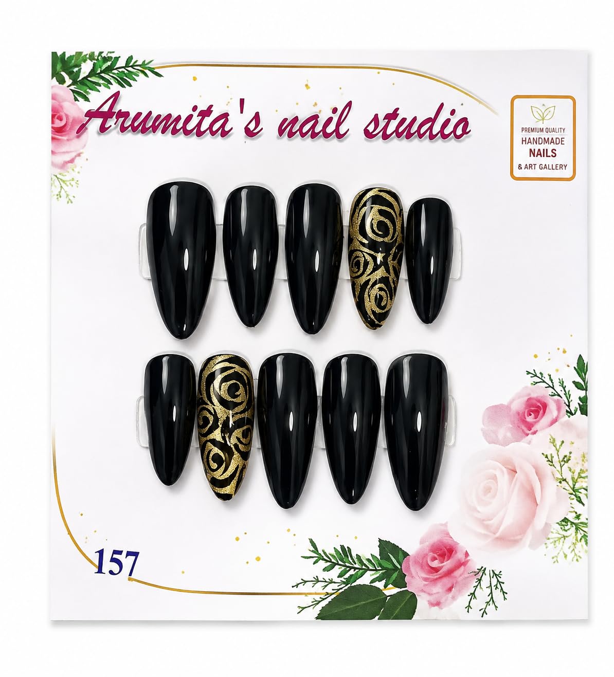 Arumita's Nail Studio Black & Gold Almond Press-on Nails, Set of 10 | Handmade Nail Art, Gold Rose Design, Almond Shape, Reusable Tips, Art Gallery Style-image-12