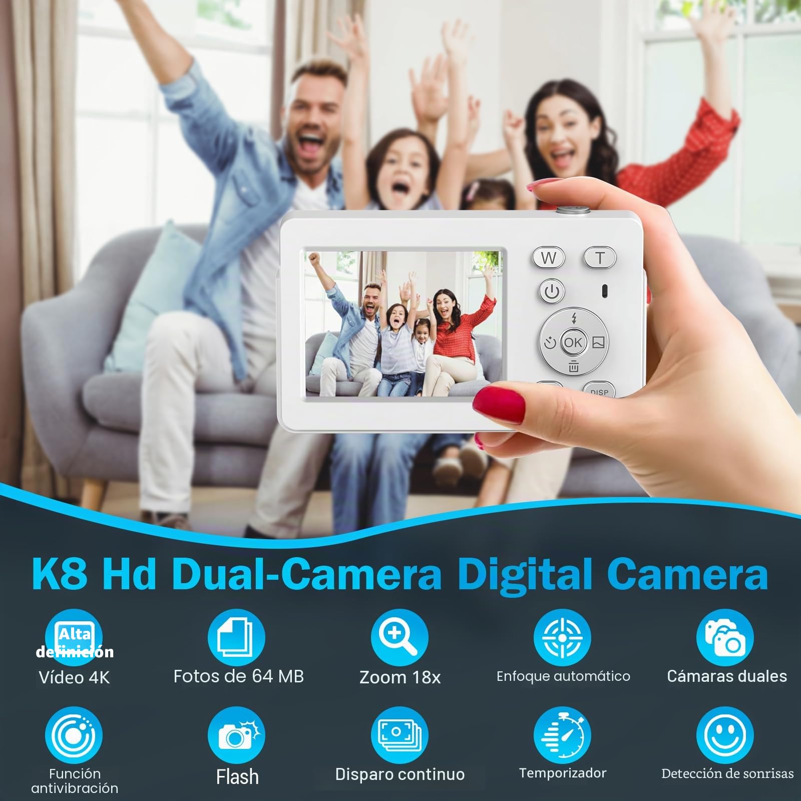 Cámara Digital, Cámara Compacta Digital 4K de 64 MP, Tarjeta de 32 GB, Antivibración, Zoom de 18 Aumentos, Cámara para Vlogs para Adolescentes y Adultos Principiantes (Rosa Blanco)