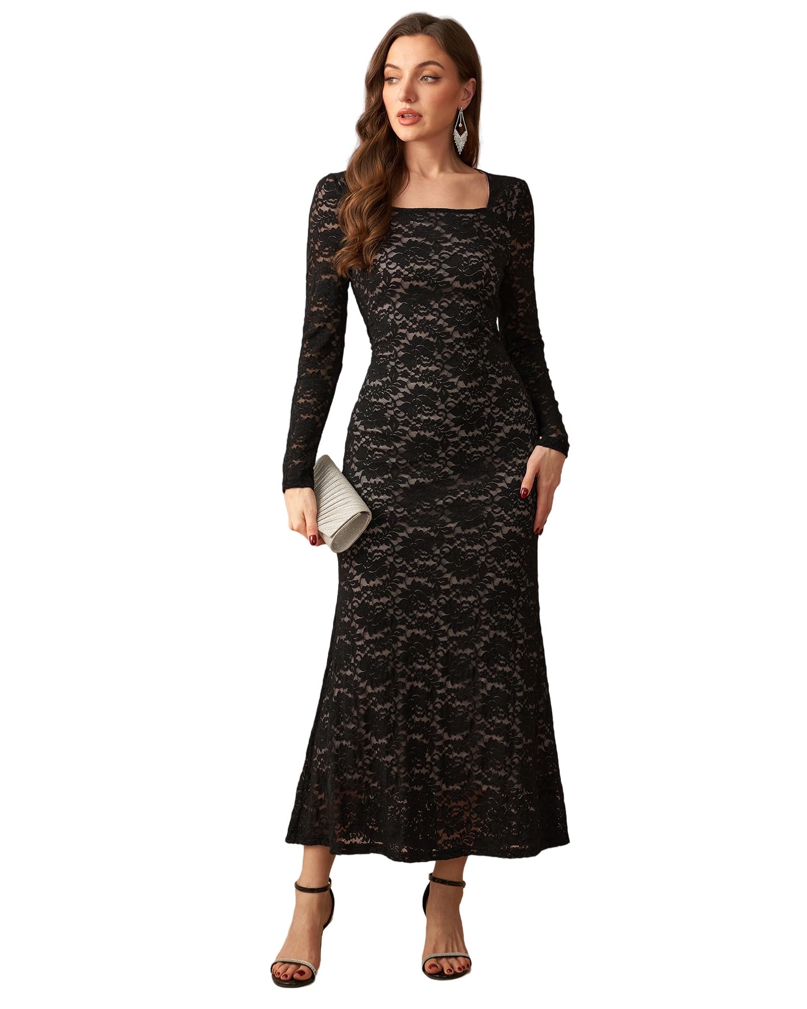 Women Lace Dress Long Sleeve Floral Maxi Dresses Romantic Bodycon Elegant Wedding Dress