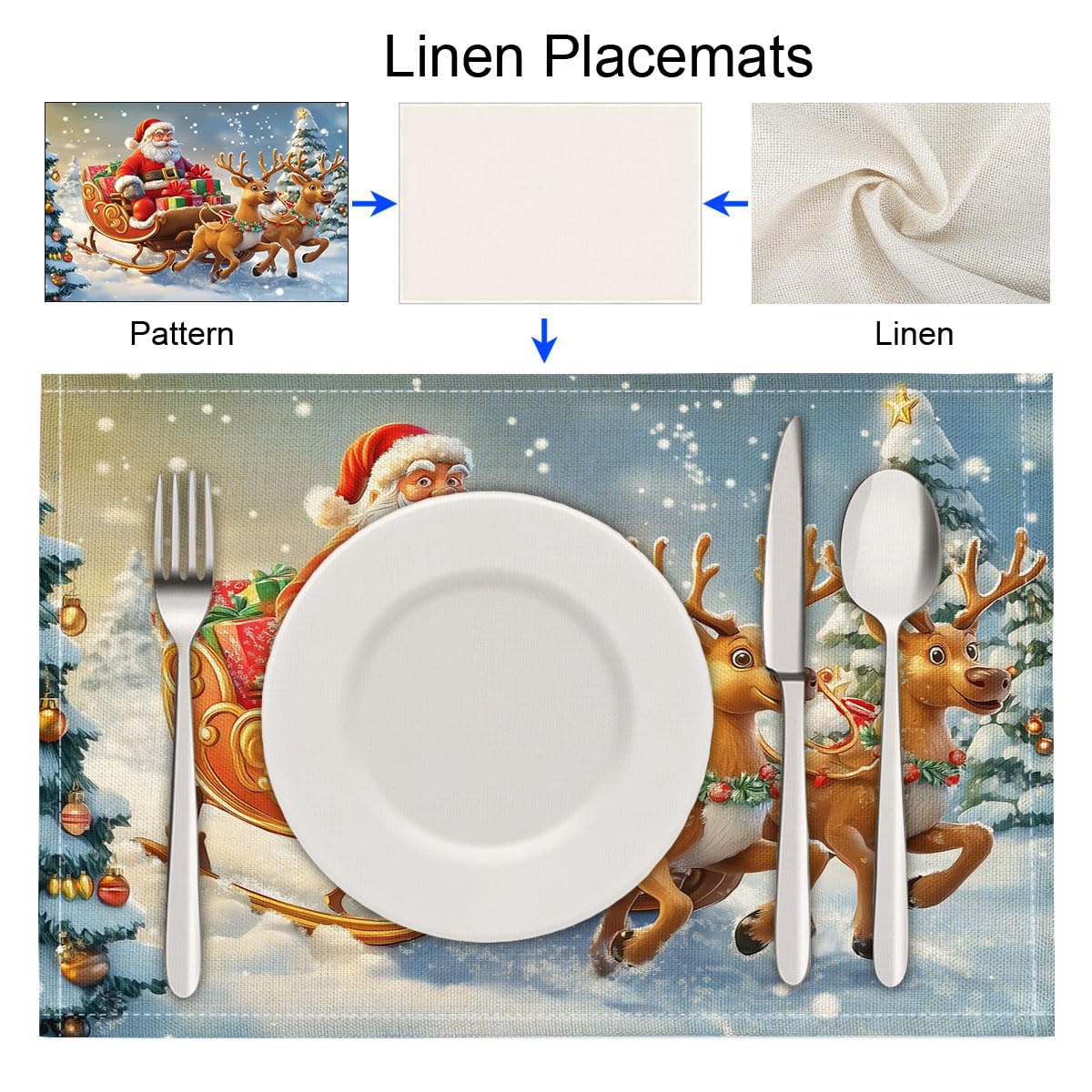 Tovagliette all'americana stampate con Babbo Natale, ideali per tavolo da pranzo in cucina, antiscivolo, lavabili, resistenti al calore, in tessuto, confezione da 4, colore turchese, 45 x 30 cm
