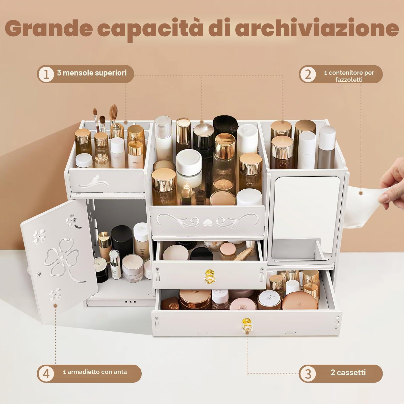Organizer per trucchi, contenitore per cosmetici, con 2 cassetti e specchi, per trucchi, per cosmetici