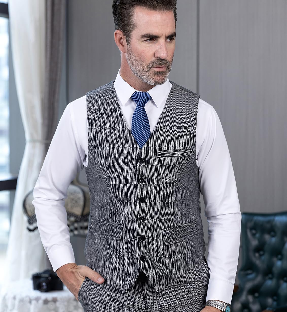 Tuikayoo Męski strój w jodełkę tweed w stylu vintage, kamizelka, wełna, smukły krój, na bal absolwentów