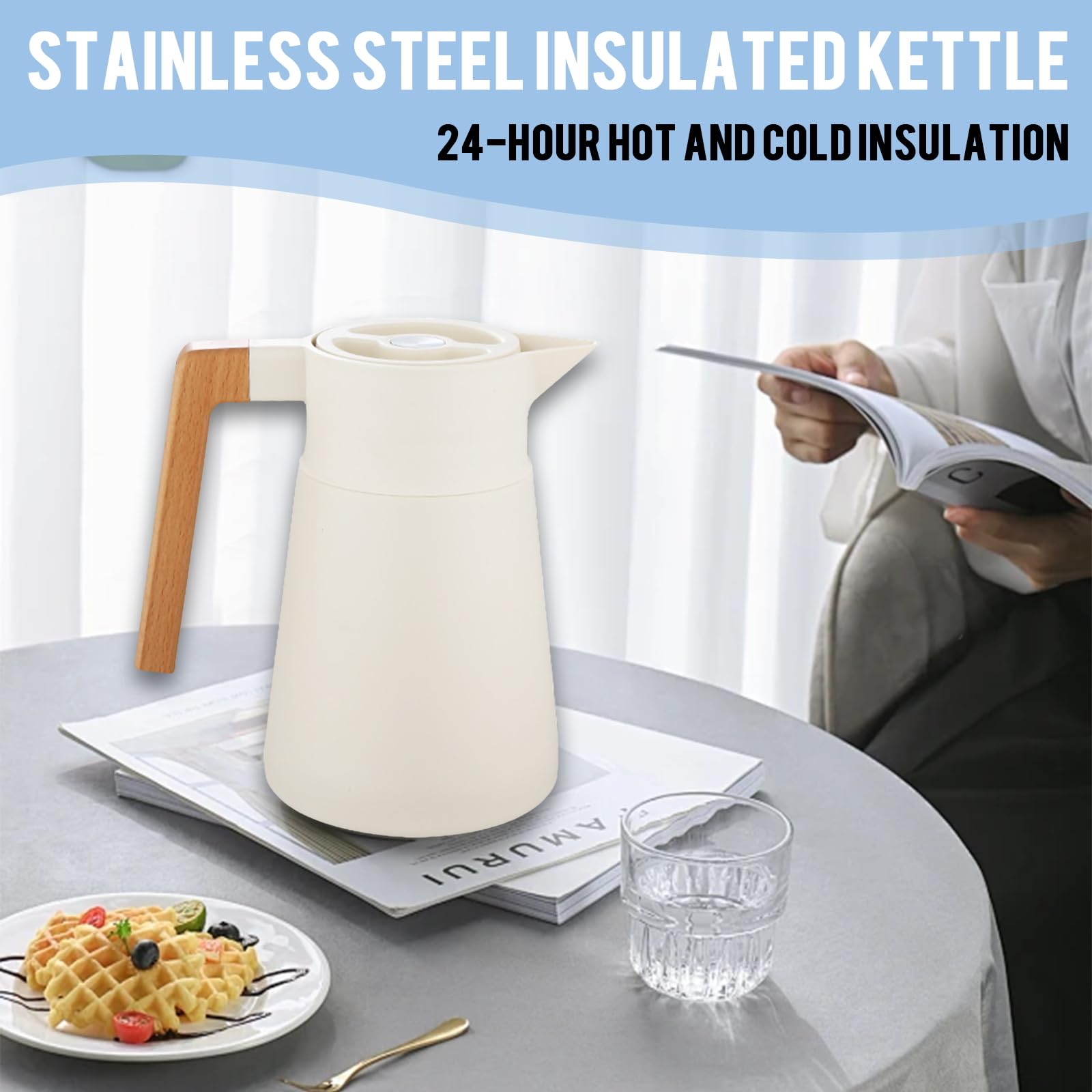 Pichet Isotherme Thermos Acier Inoxydable 1.5L Carafe à Café Thermique Isolé Beige
