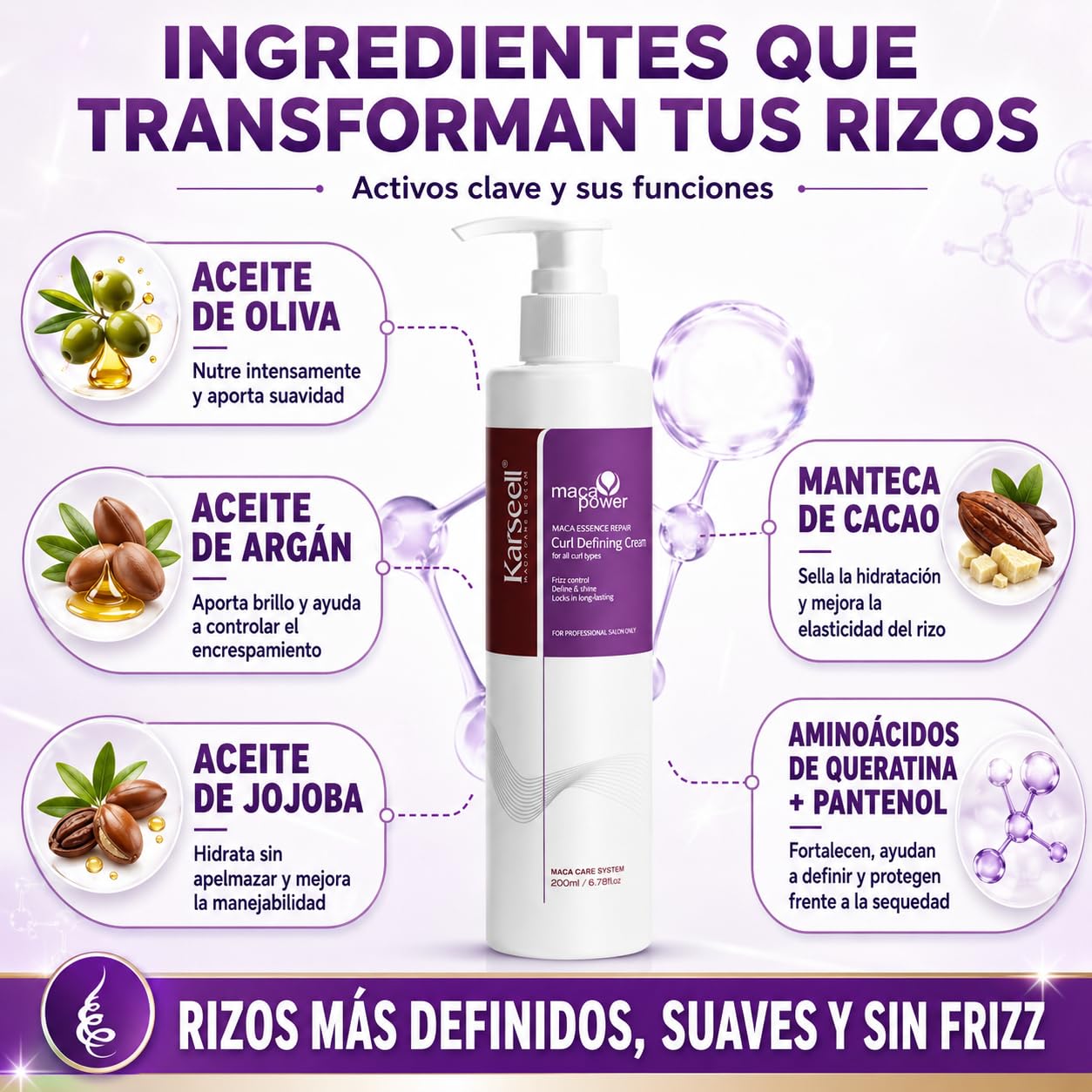 Karseell MACA CARE SYSTEM Crema Definidora de Rizos con Aceite de Argán Colágeno Coco Jojoba Hidratante Nutritiva Reparadora Antiencrespado Antifrizz Cabello Rizado Seco Dañado Brillo Suavidad 200ml