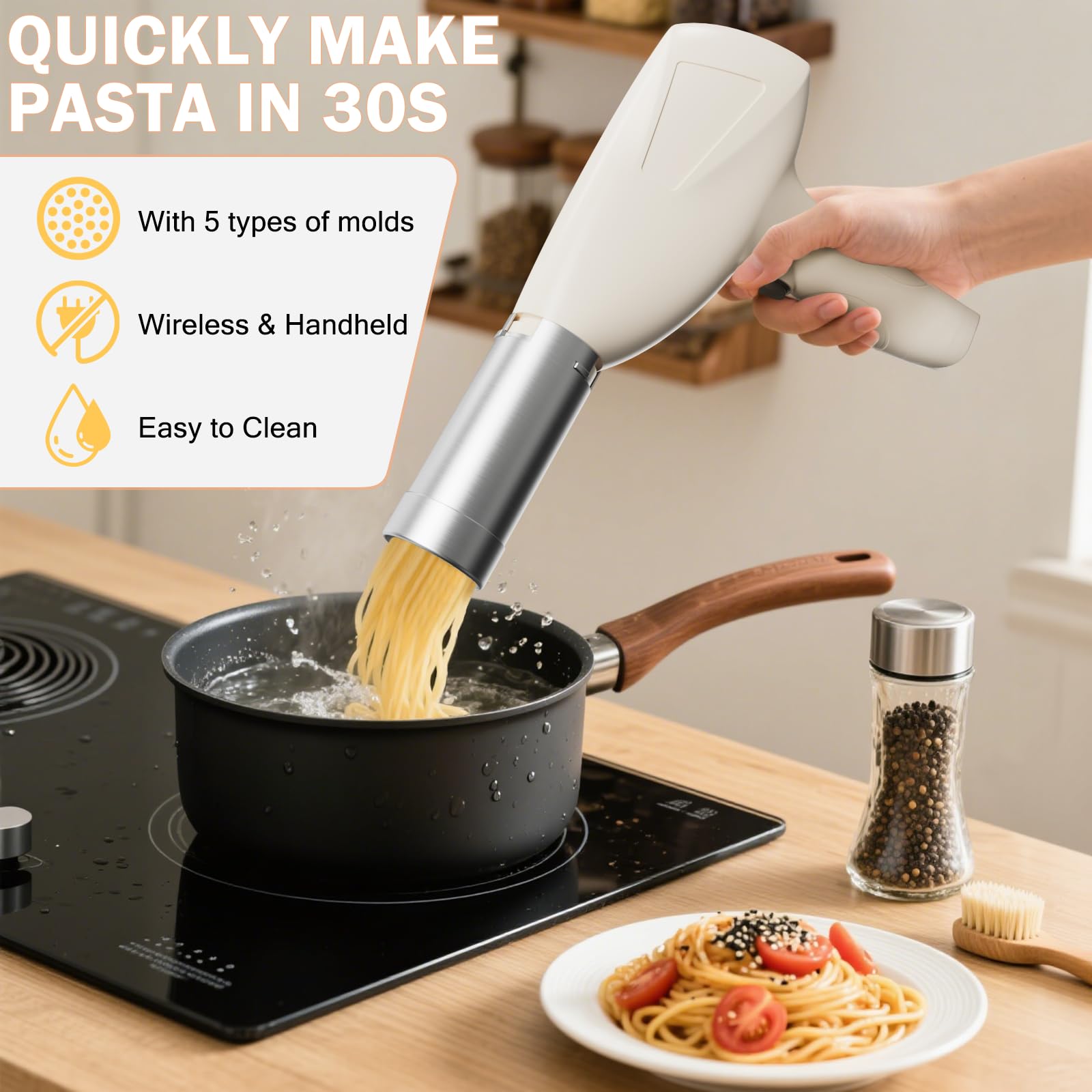 Elektrische Nudelmaschine 80W Kabellos mit 2000mAh Akku 5-in-1 Aufsätzen Wurstfüller für Frische Pasta