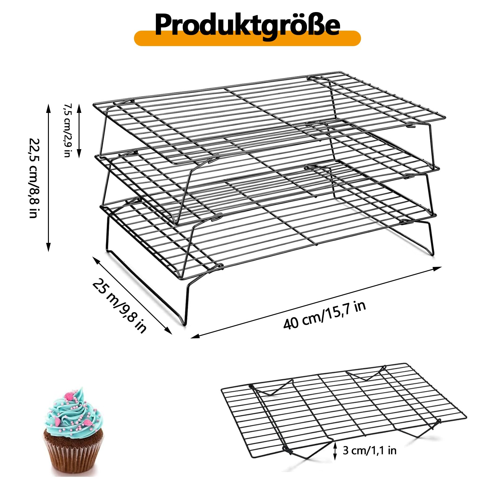 Grille de Refroidissement Acier Inoxydable 40 x 25 cm Lot de 3 Empilables Noir