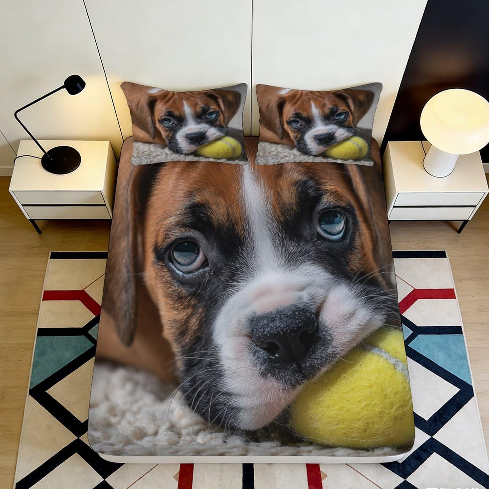 3D Printed Puppy Pattern Fitted Sheet Microfiber Deep Pocket Elastic Hem Bedroom Bedding Dog Mattress Fitted Cover Washable Protector 200x200x25cm