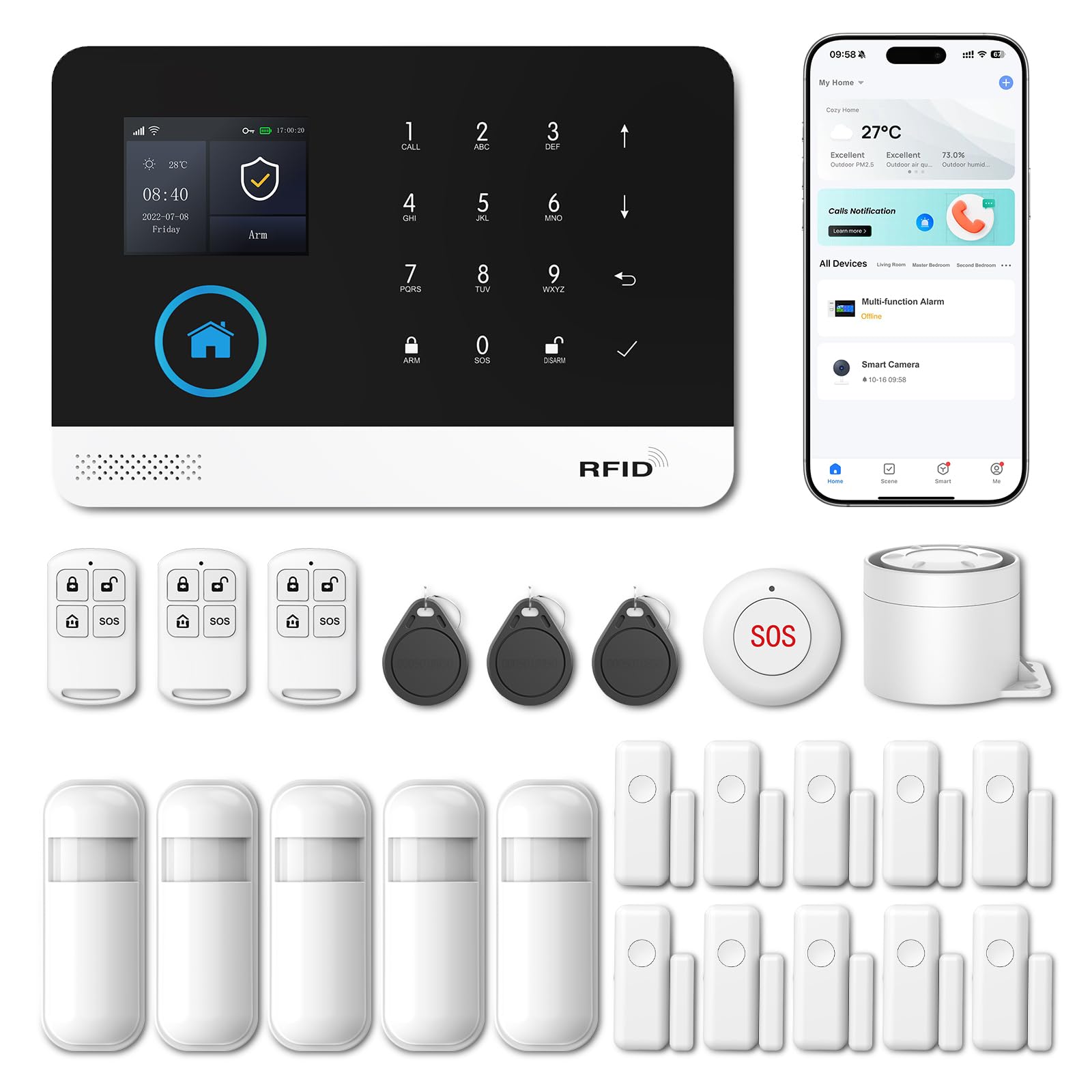 XNY 4G Alarmanlage Haus, WLAN Drahtloses Alarmanlage Wohnung mit APP-Benachrichtigung, 24 Stück(5 Bewegungsmelder, 10 Fenster Tür Sensoren, Fernbedienungen, Alarmsirene), Funktioniert mit Alexa
