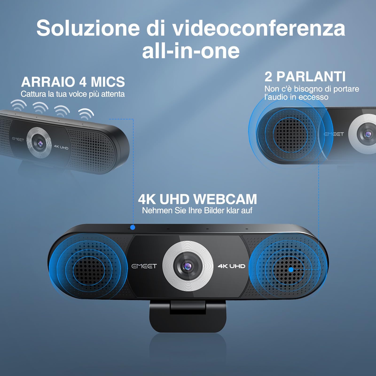 EMEET Webcam 4K 3 in 1, Webcam C980 PRO 4K con 4 Microfoni con Cancellazione del Rumore e 2 Altoparlanti, Grandangolo 60°-98°, Web Cam Ideale per Videochiamate di Gruppo e Individuali