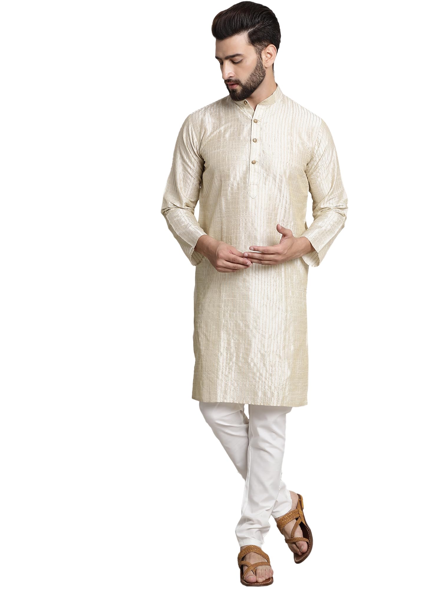 Sojanya (Since 1958 Men's Silk Blend Cream Pintex Kurta And White Churidar Pyjama Set