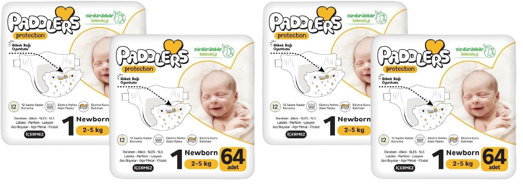Paddlers Protection Yenidoğan Bebek Bezi 1 Numara (2-5 Kg) 128 Adet – 2’li Jumbo Set, Maksimum Koruma (2 paketi)
