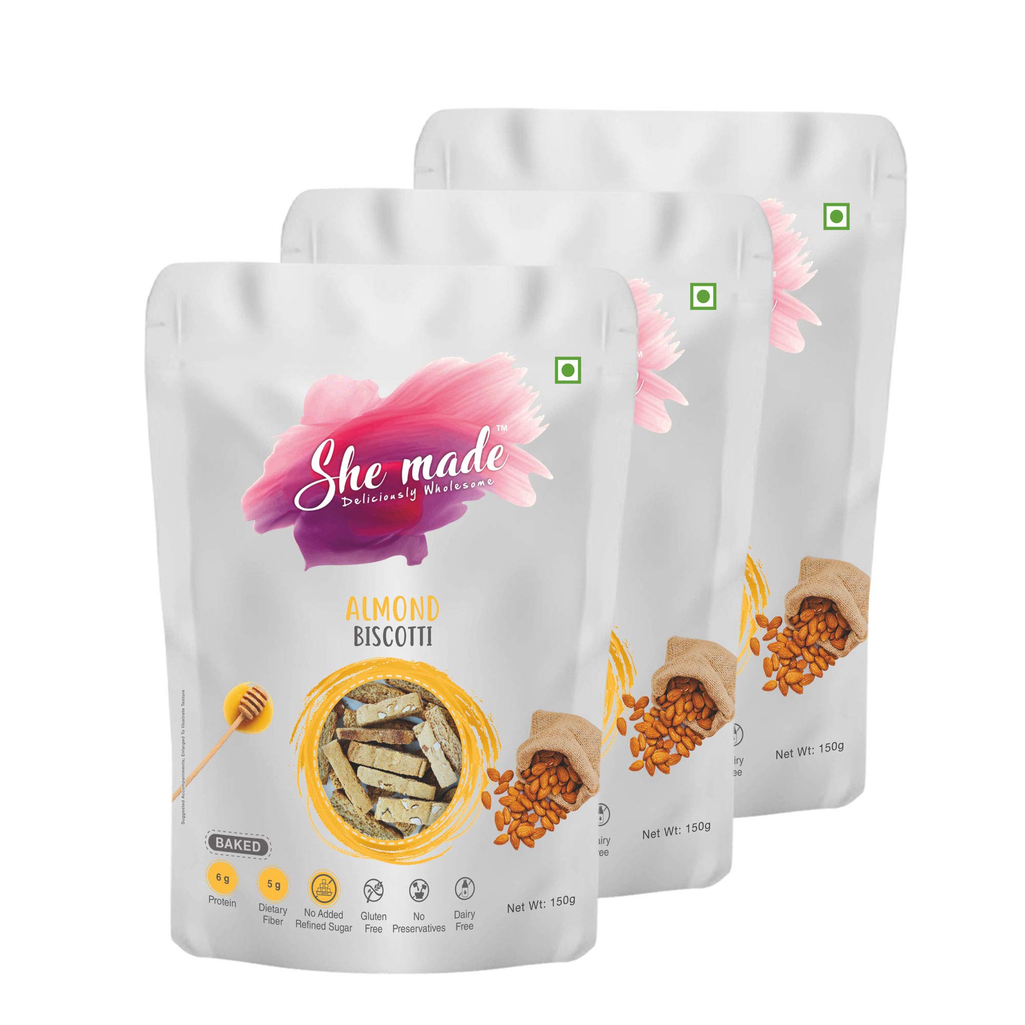 She Made Foods Biscotti Cookies - Pack of 3, Classic Almond Flavour, Fibre Dense & Gluten-Free Biscuit, Baked, Crunchy & Tasty Gourmet Snacks, Light & Healthy Nibbles (150 grams each)