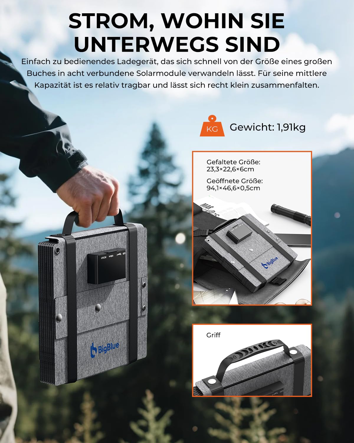 BigBlue 60W Faltbares Solarladegerät, Tragbares ETFE-Solarpanel QC3.0+PD45W+22,2V DC-Ausgang【IP68 Wasserdicht&Winkelständer】für Notstromversorgung Camping Kompatibel mit Smartphone-Tablet-Stromstation