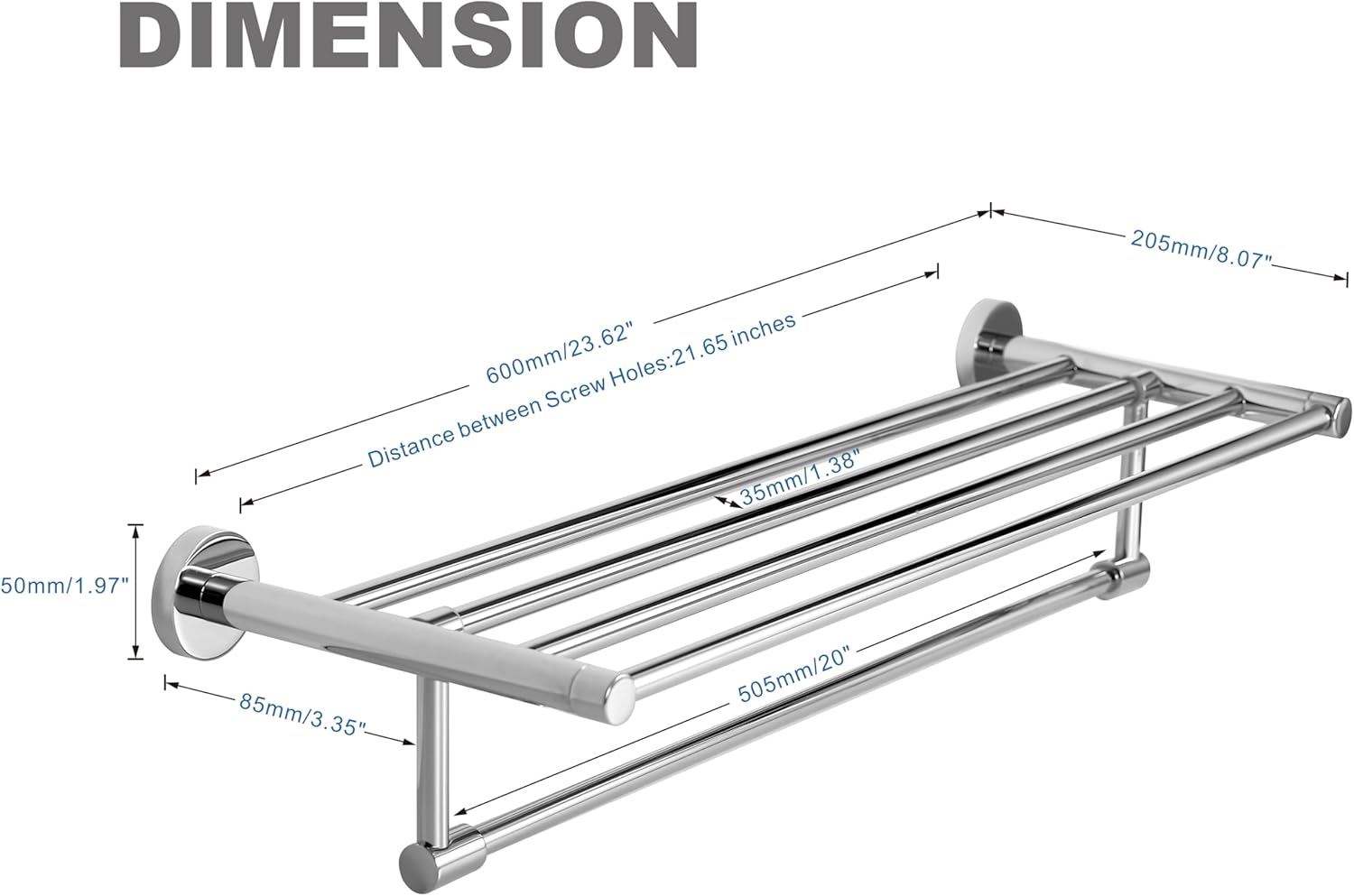 SEIDO 24" Polished Chrome Double Towel Rack with Shelf - Wall Mounted Bathroom Shelf with Hanging Bar, 304 Stainless Steel Towel Holder for Bathroom Storage, Kitchen, Lavatory, Laundry Room