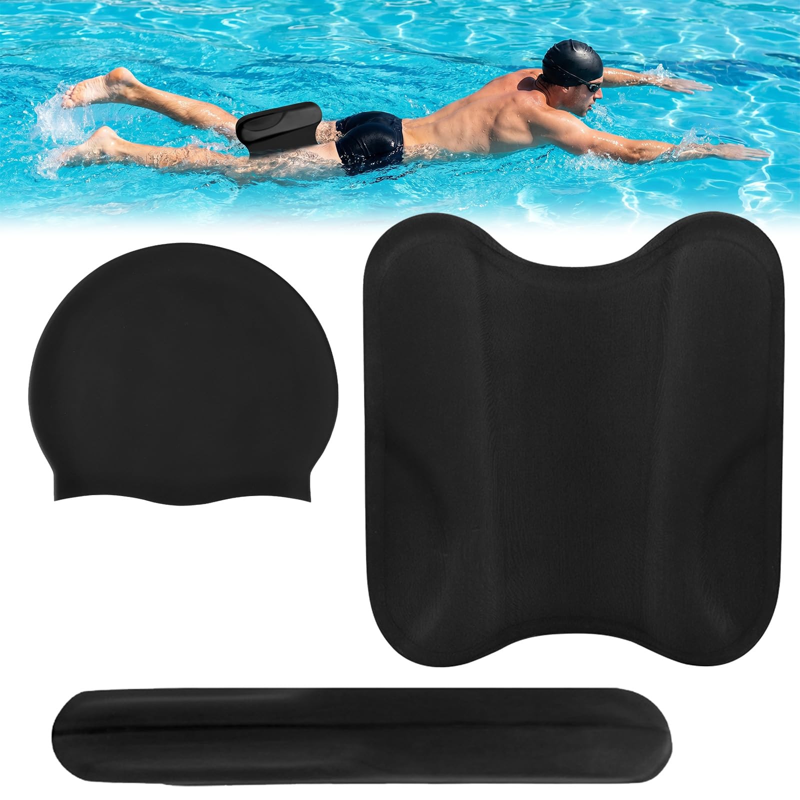 Pull Kick Schwimmbrett, 2-in-1 Pullkick/Schwimmbrett Schwimmhilfe zur Optimierung der Technik und Wasserlage beim Schwimmtraining, Pullbuoy Schwimmen Zubehör für Kinder & Erwachsene, Enthält Badekappe