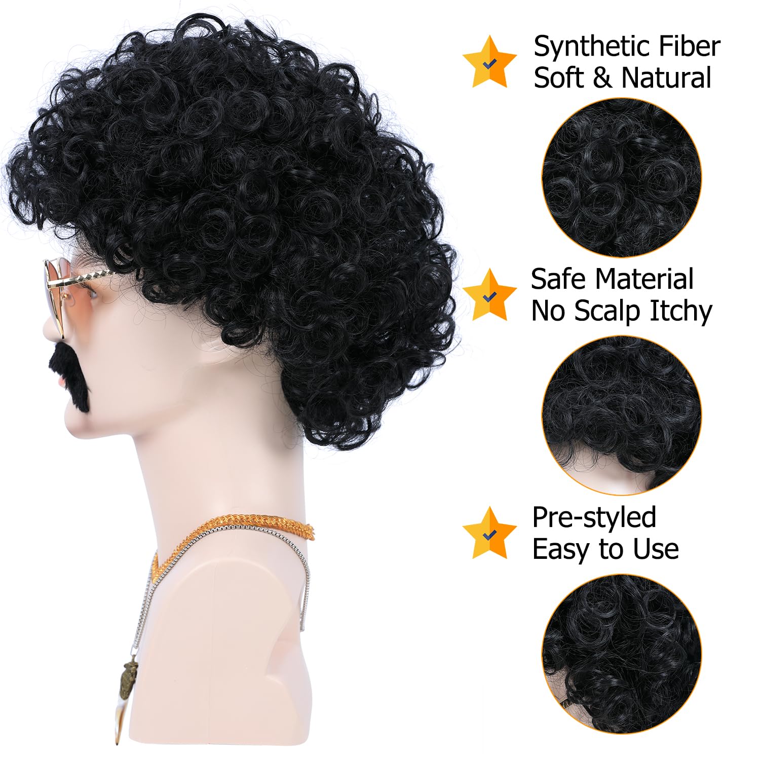 6pcs Set 70s 80s Disco wig with Mustache Glasses Artificial Wolf Necklace Gold Chain Short Curly Synthetic Hair Afro Mens Wig for 60s Rocker Hippies Costume Cosplay Halloween Party (Black) - Image 4