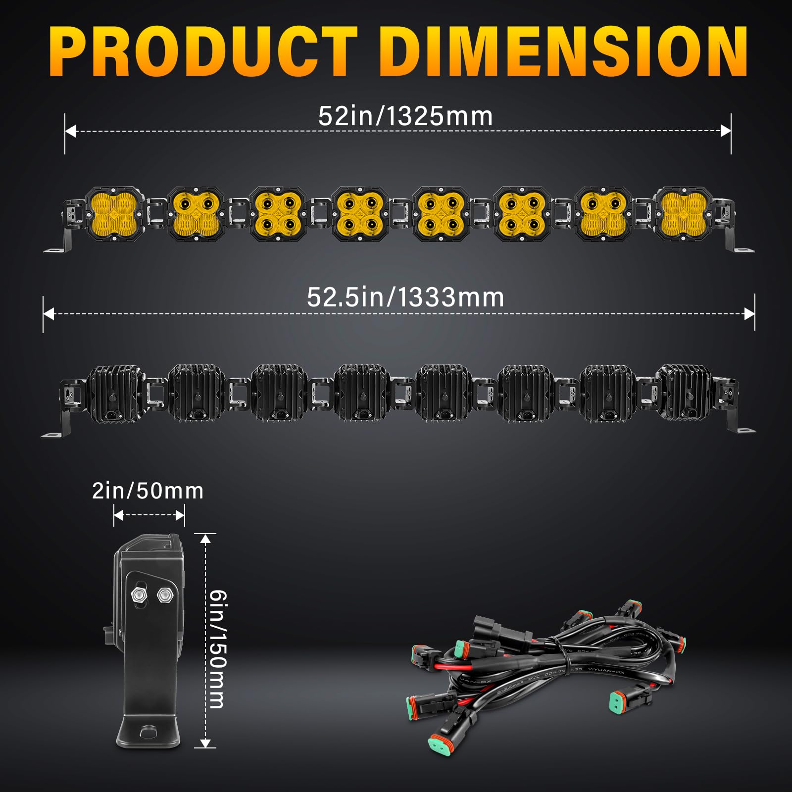 Willpower Barra de Luz LED 132 cm 52" 240W 20000LM Barras Luminosas LED 12V 24V Largo Alcance para 4x4 Tractor Coche Camion Barco Offroad, 3500K Amarillo, IP67 Impermeabile