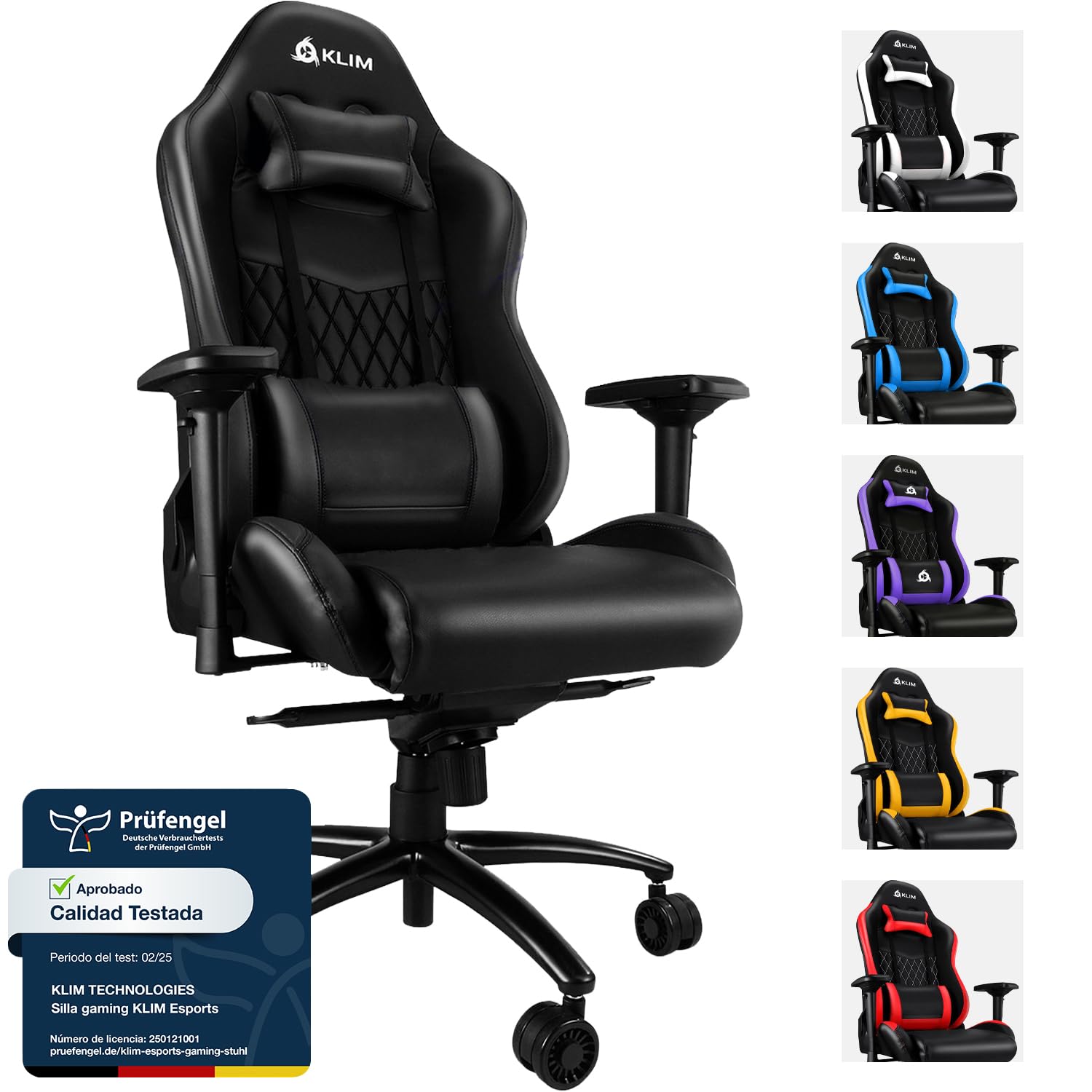 KLIM Esports Silla Gaming Ergonómica + con Soporte Lumbar y Cervical + Reclinable + Silla de Escritorio Ajustable + Piel Sintética y Materiales Premium + Silla Gamer Negra [Nueva VERSIÓN]
