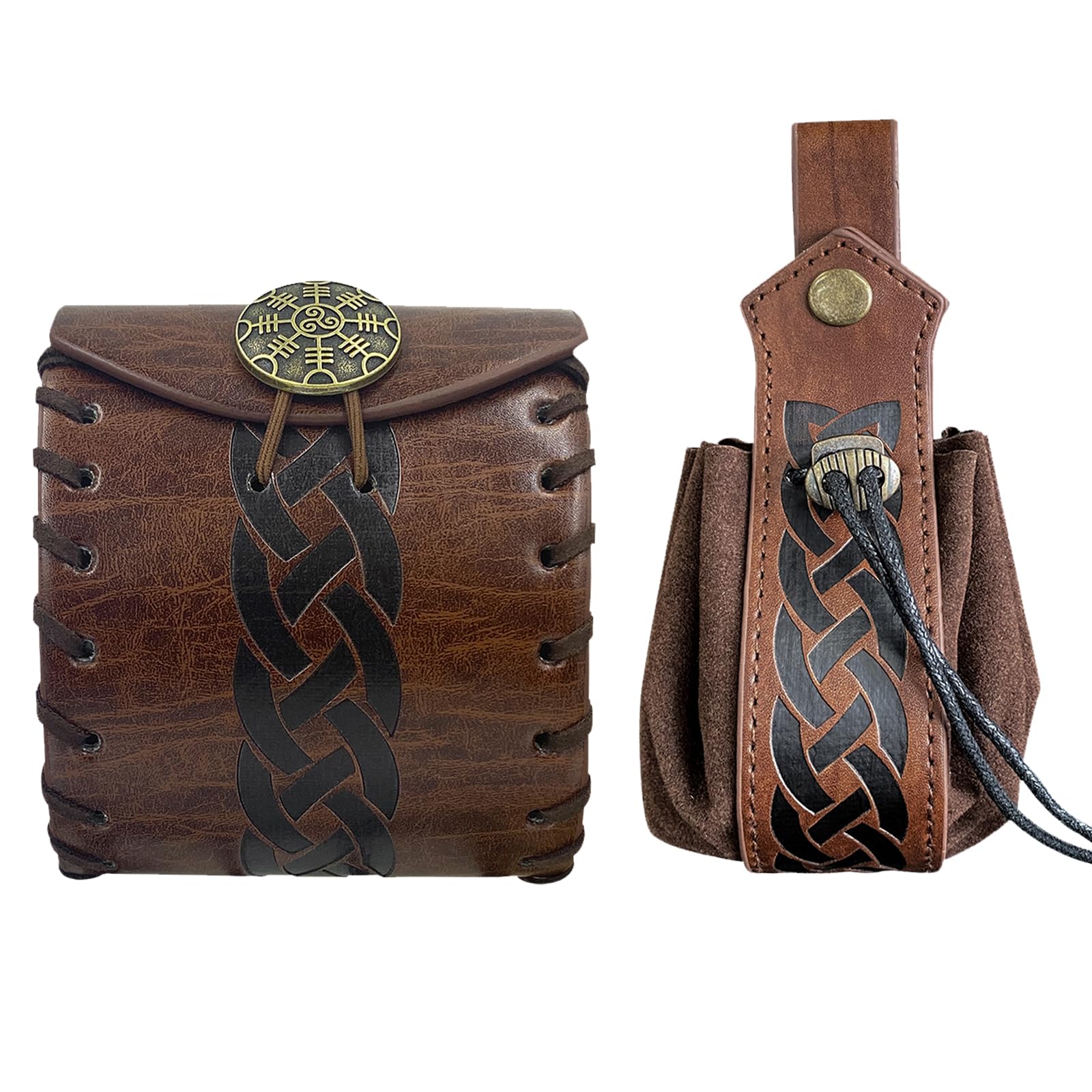 EpicCos 2 PCs Medieval Faux Leather Belt Bag, Renaissance Drawstring Pouch Dice Bag, Vintage Side Pack Coin Purse for LARP (Brown B)