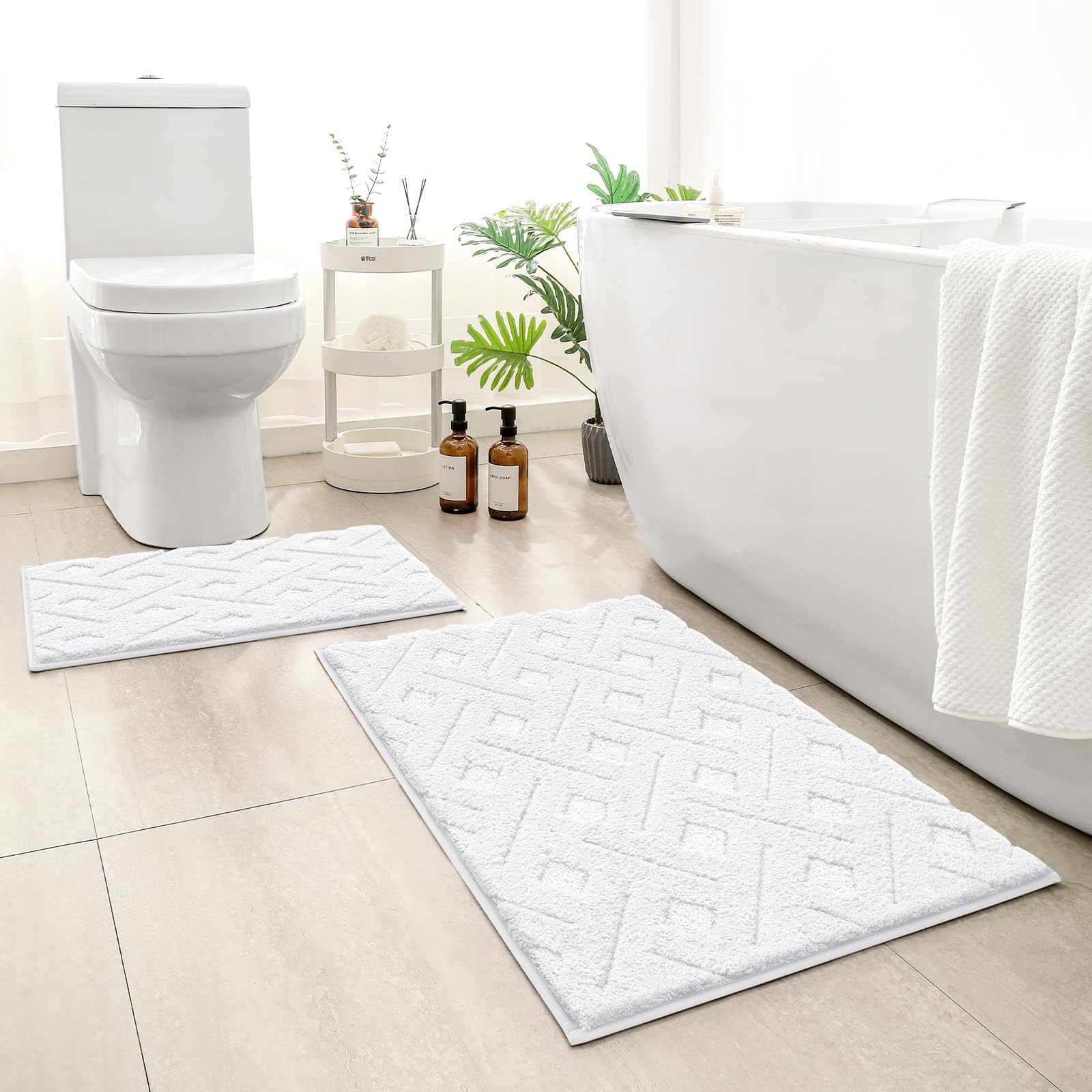 HOMEIDEAS Bathroom Rugs Sets 2 Piece, Extra Soft Shaggy Absorbent Non Slip Machine Washable Grid Bath Mat for Floor, Tub and Shower (White)
