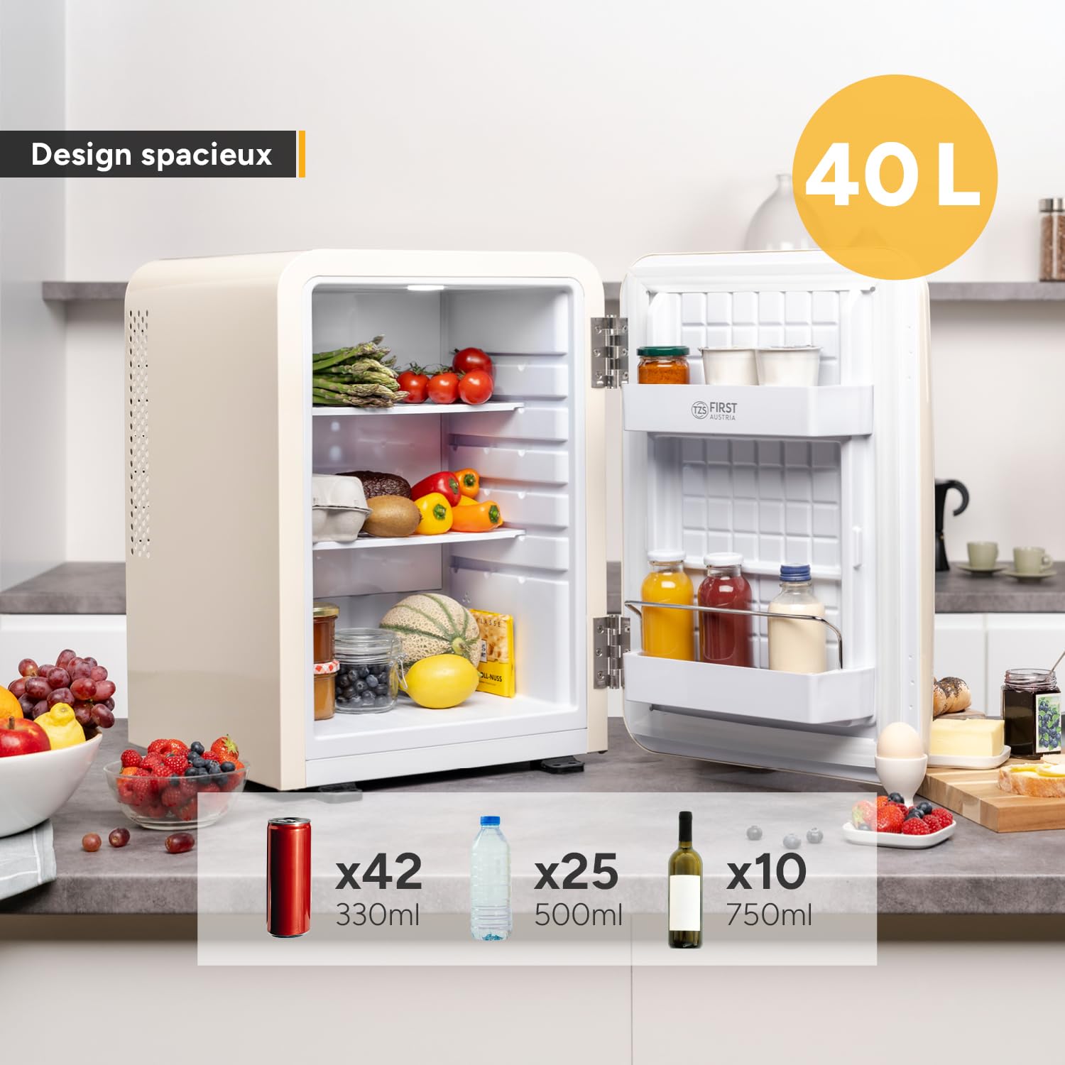 TZS First Austria Mini Réfrigérateur Rétro 40L silencieux - Petit Minifrigo design vintage - Crème