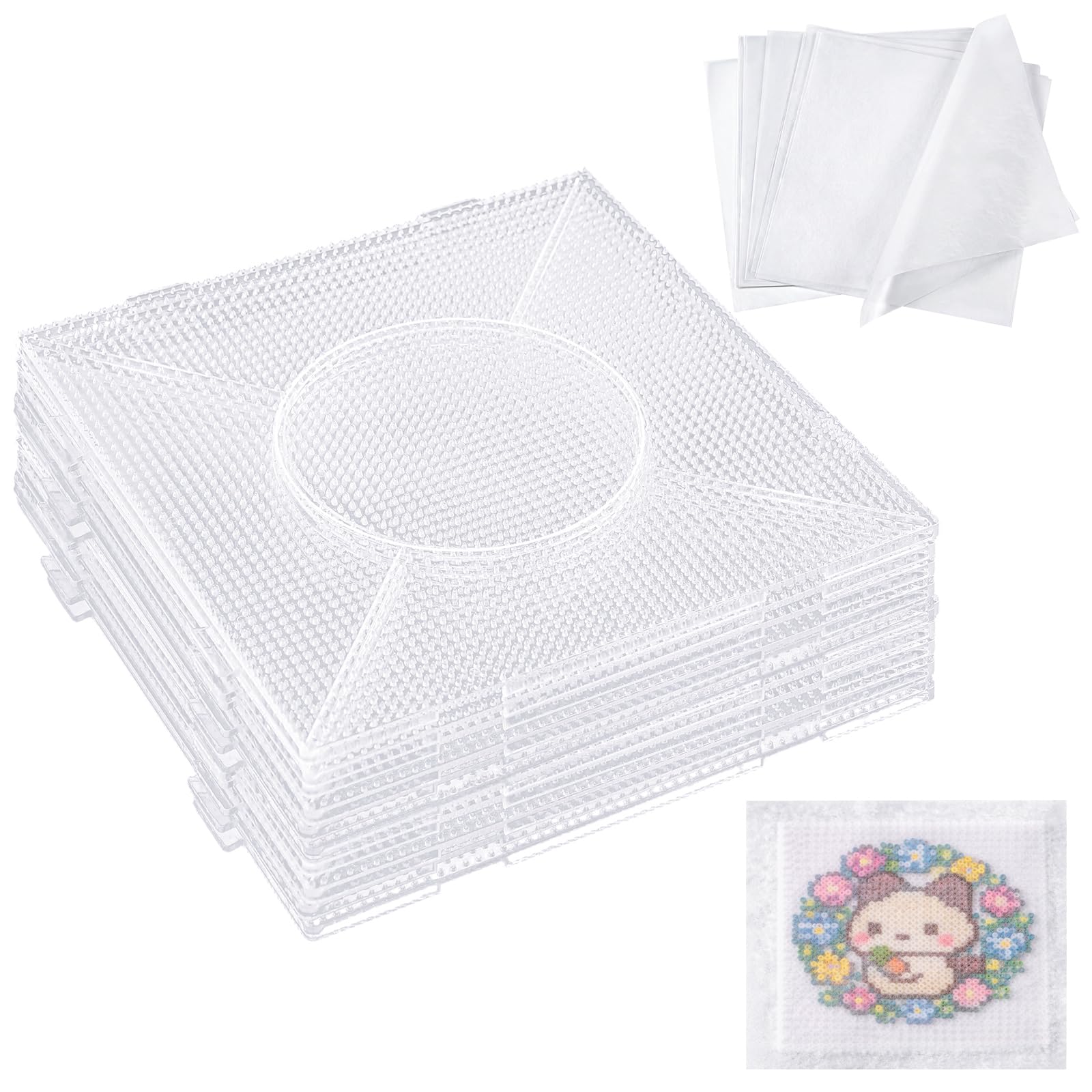 Chumia 6 Pcs 2.6 mm Fuse Beads Boards Large Square Plastic Clear Pegboards Kits Fuse Beads Pegboards with 7 Ironing Paper for DIY Crafts
