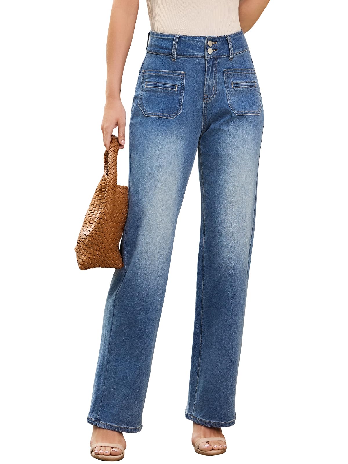 VPWHY High Waisted Straight Leg Jeans for Women Tummy Control, Womens Wide Leg Jeans with 4 Patch Pockets